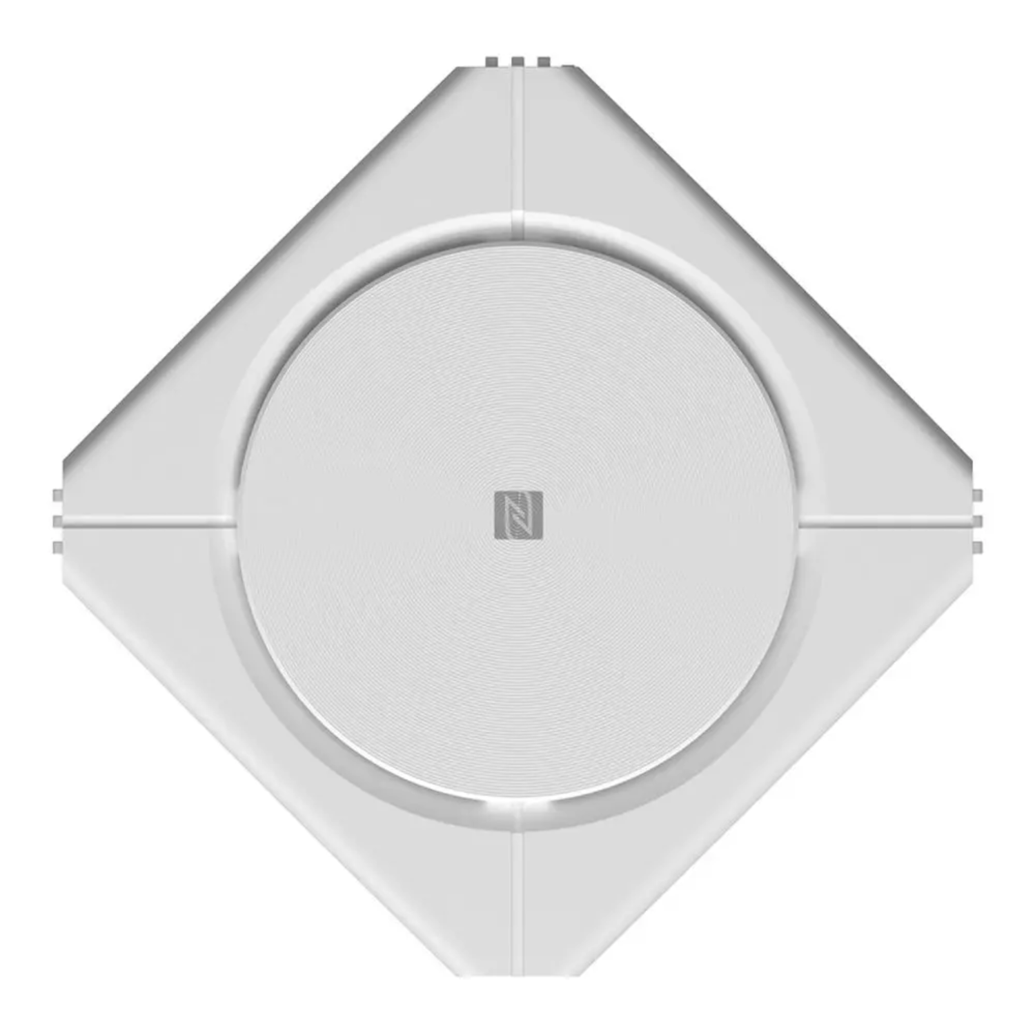 Cargador inalámbrico cuadrado blanco. La parte superior tiene un área circular con un símbolo 'N'.