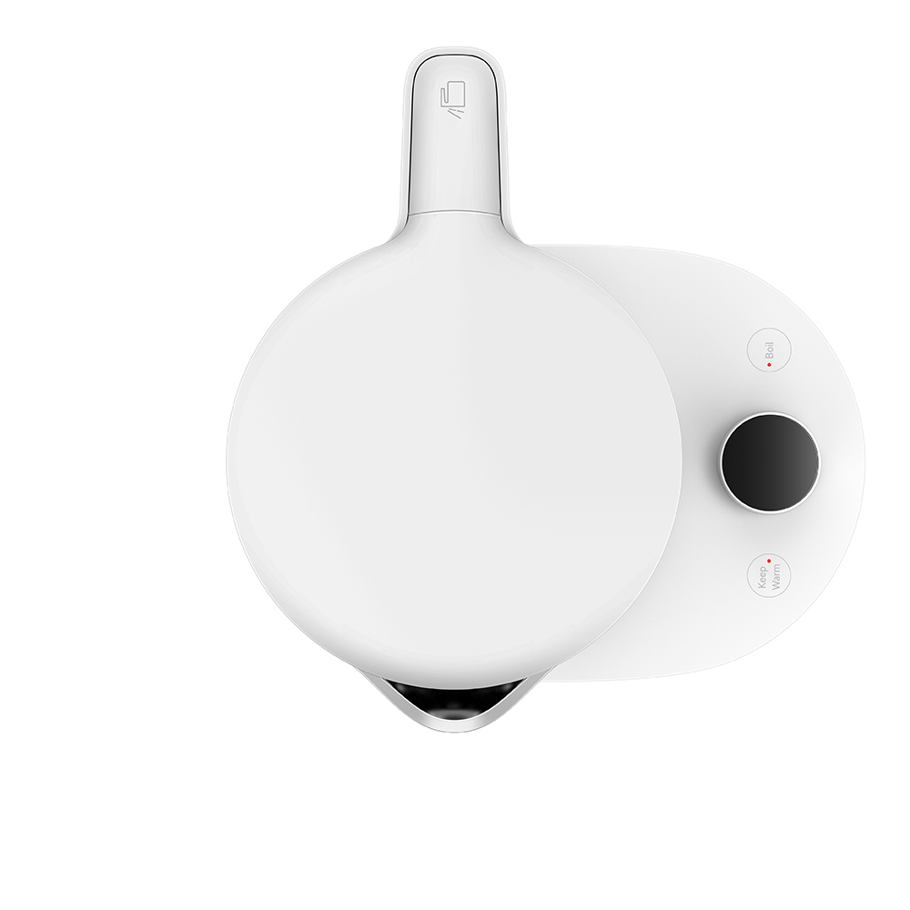 Widok z góry na biały czajnik elektryczny. Zaokrąglony kształt z wylewką i panelem sterowania.