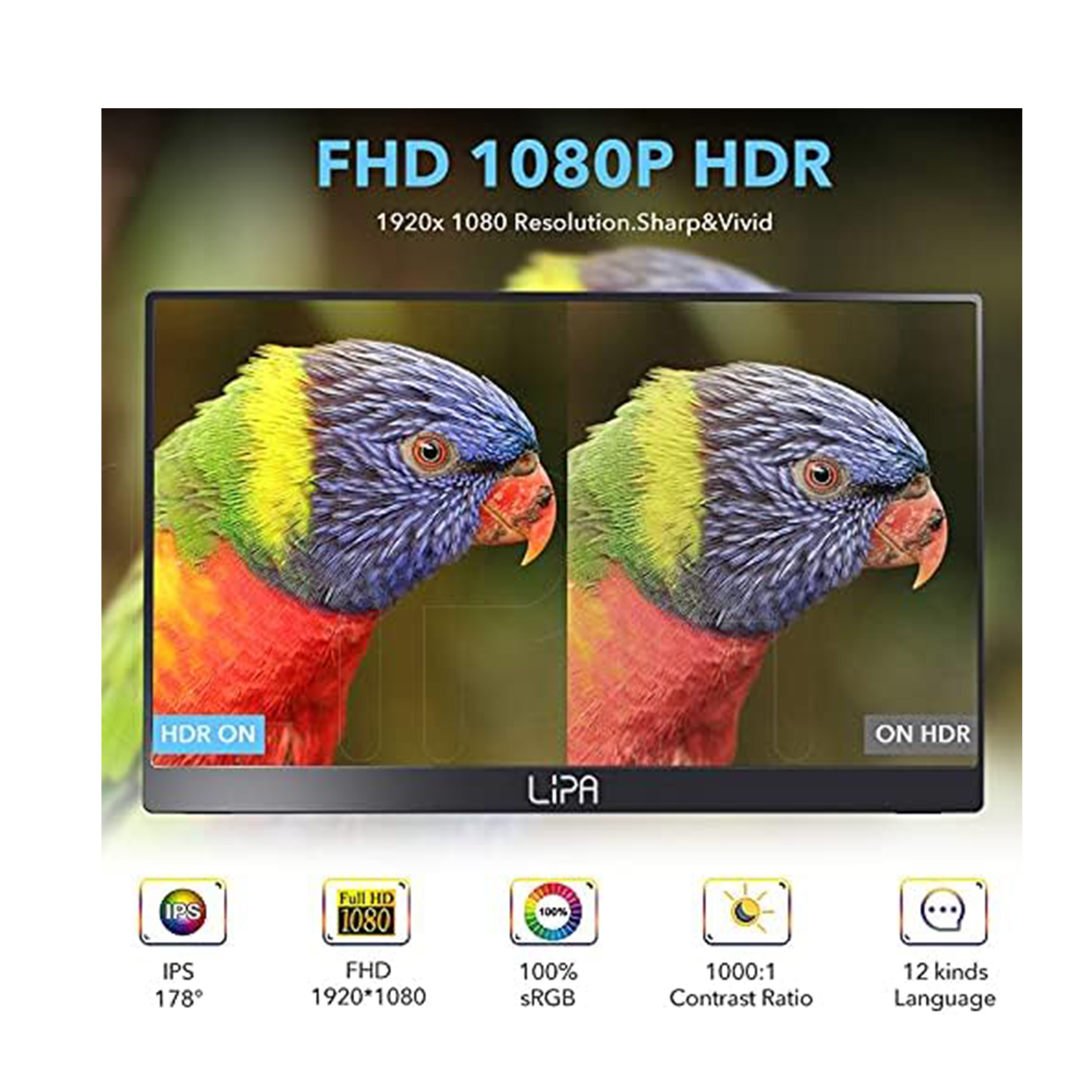 Monitor z papugami, tekst na ekranie i ikony poniżej.