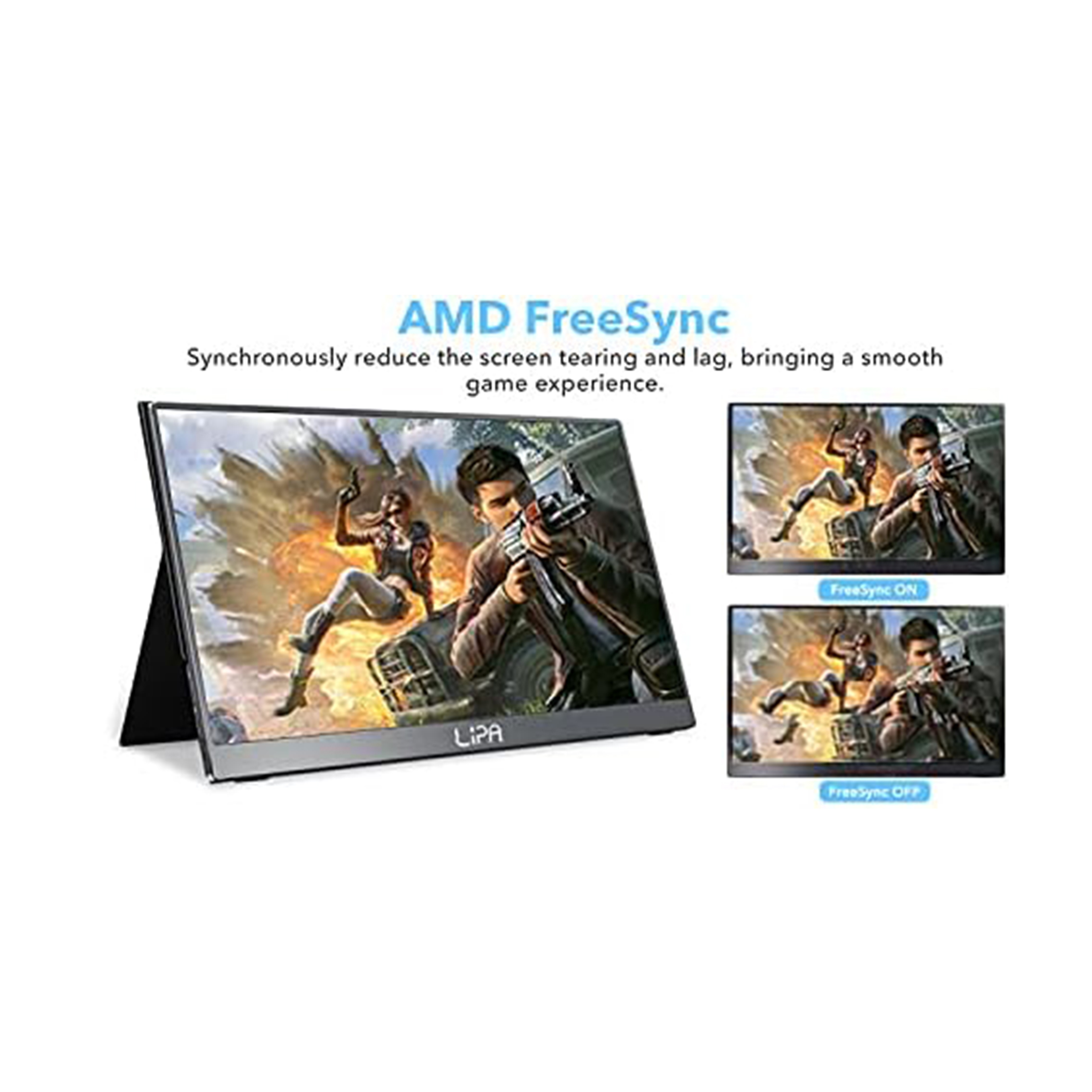 Monitor z tekstem AMD FreeSync i trzema scenami gry.