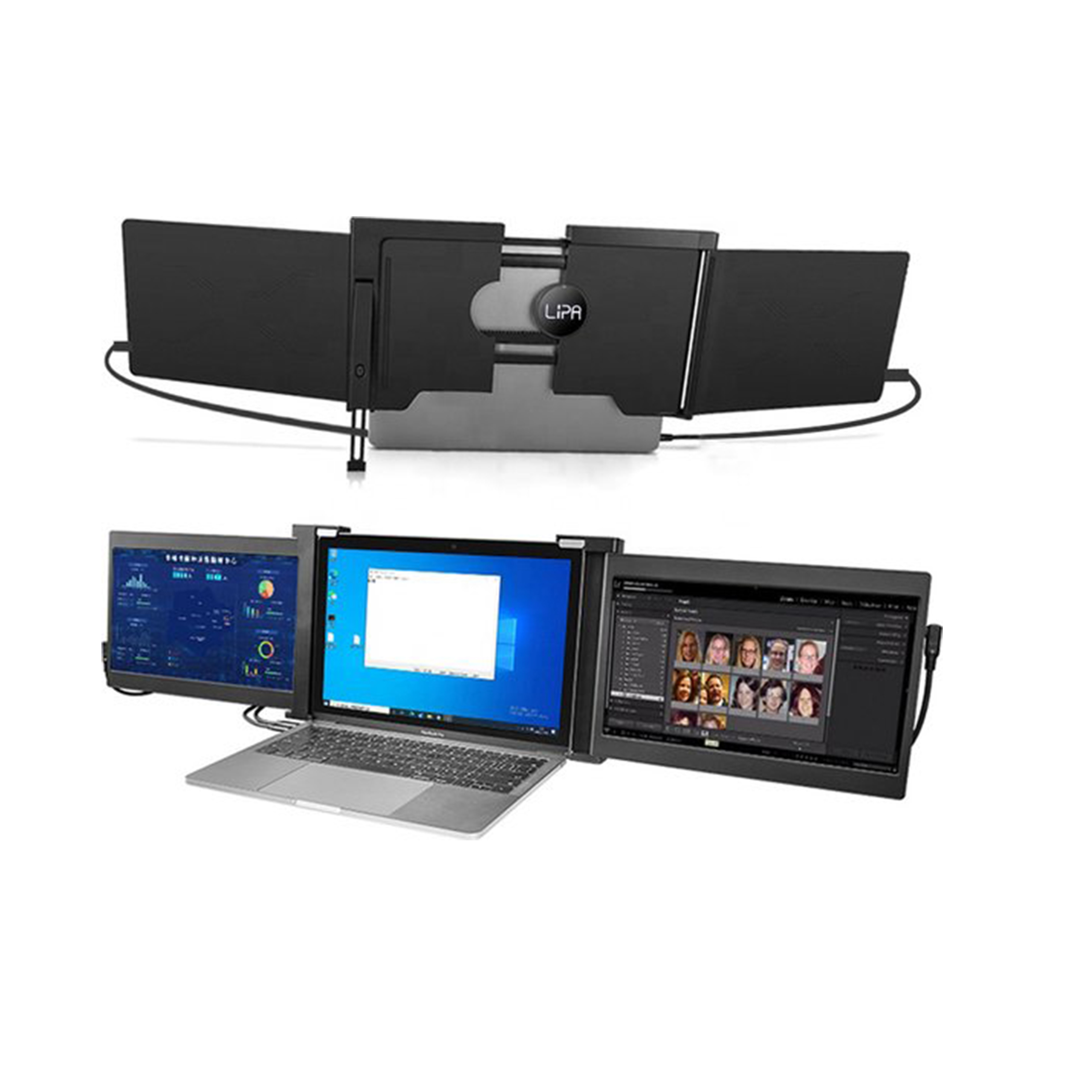 Laptop podłączony do trzech monitorów. Środkowy pokazuje Windows, pozostałe różne treści.