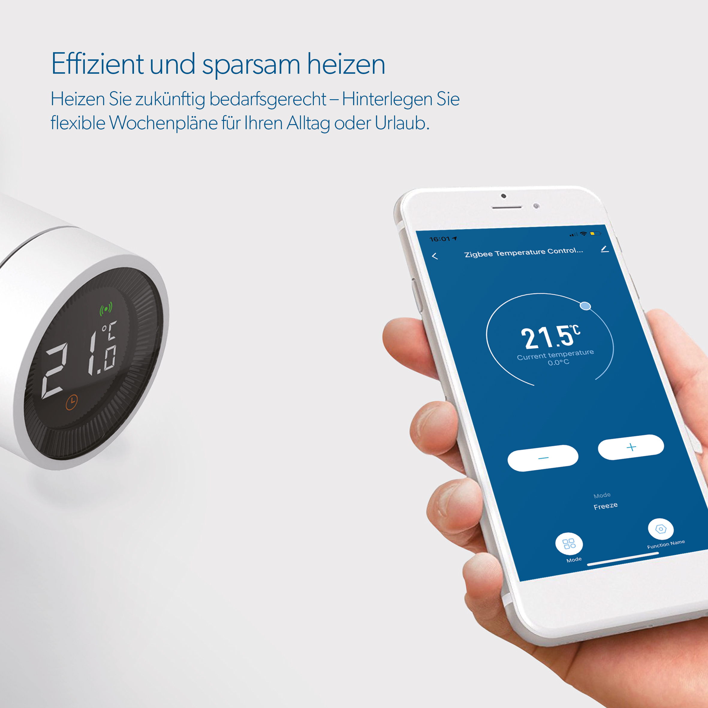 Eine Person hält ein Telefon mit einer Temperaturkontroll-App, ein Thermostat ist sichtbar.
