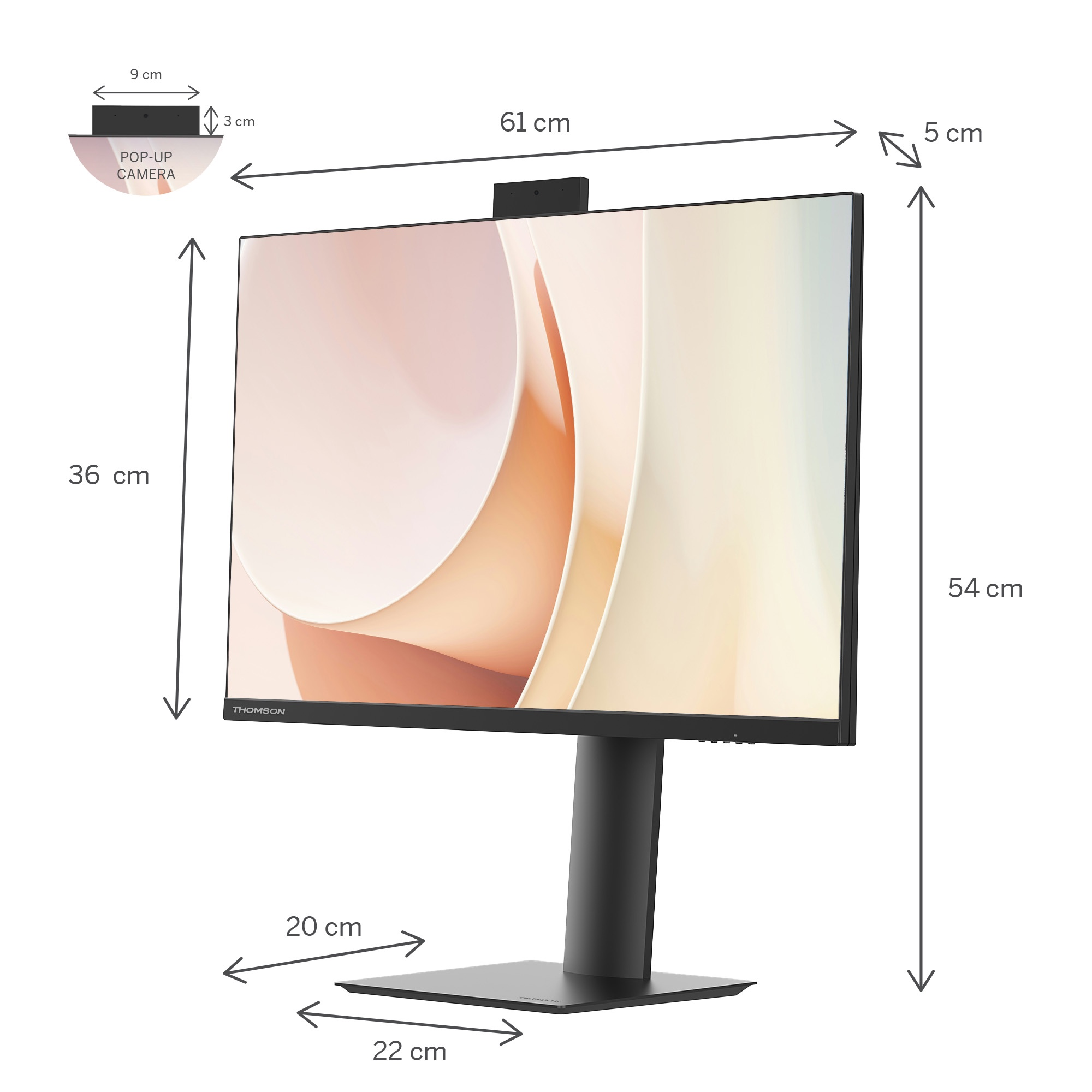 Un monitor de ordenador con dimensiones etiquetadas en centímetros.