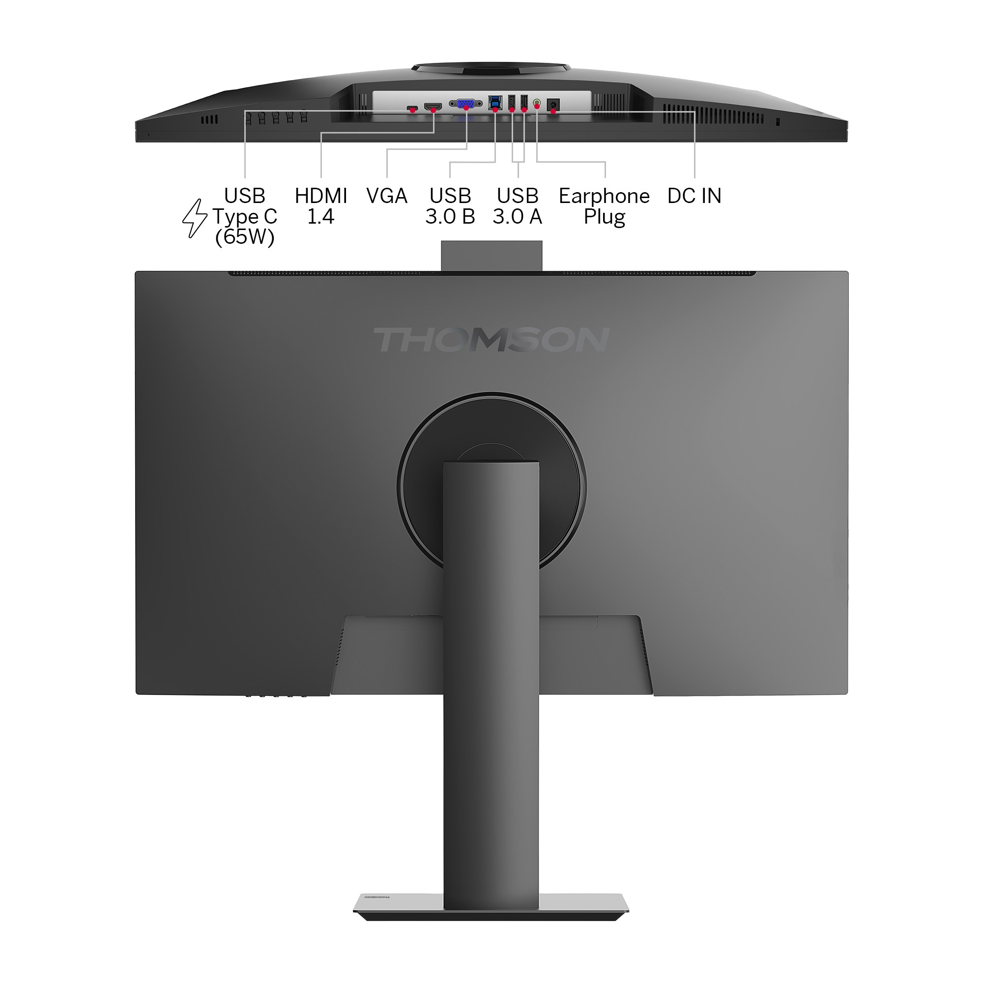 Vista trasera de un monitor negro con puertos etiquetados. Incluye USB, HDMI, VGA.