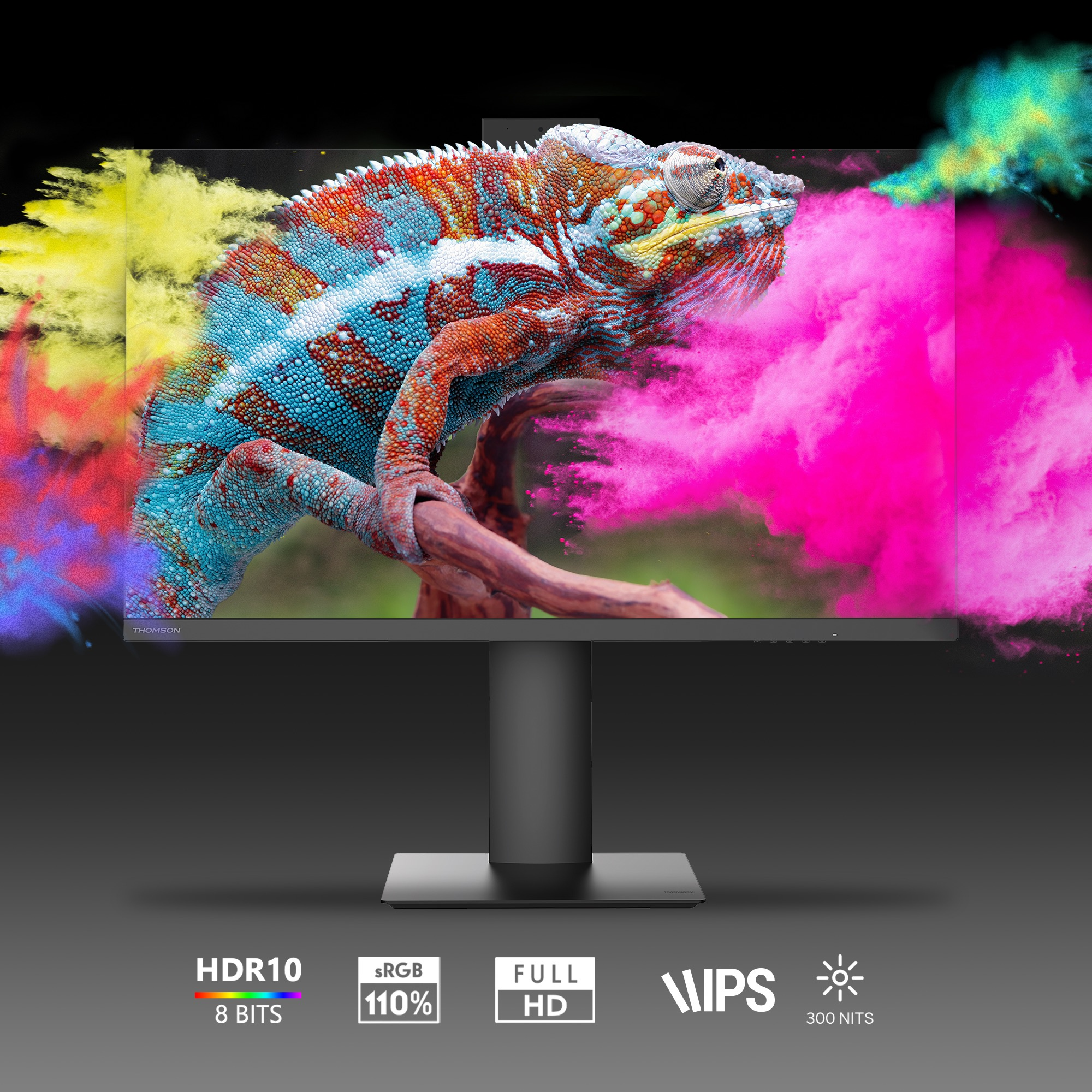 Monitor mostrando camaleón multicolor. Texto abajo: HDR10, sRGB 110%, Full HD, IPS, 300 NITS.