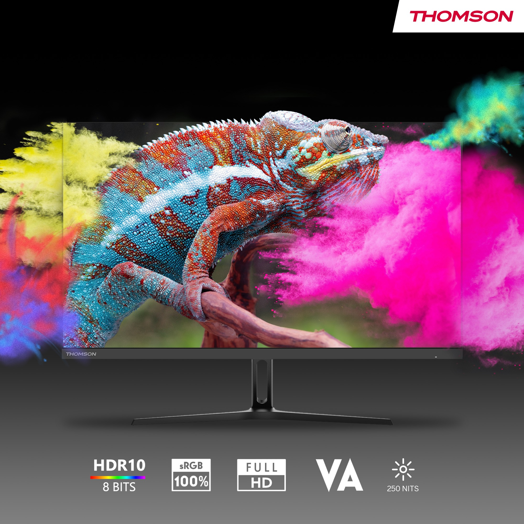 Thomson Monitor mit Chamäleon und Rauch. Full HD, HDR10, sRGB.