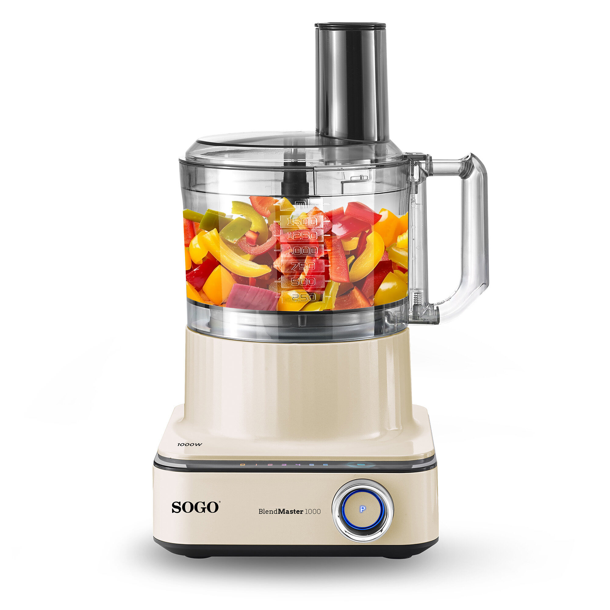 Un robot da cucina con base beige, un contenitore trasparente pieno di verdure tritate.