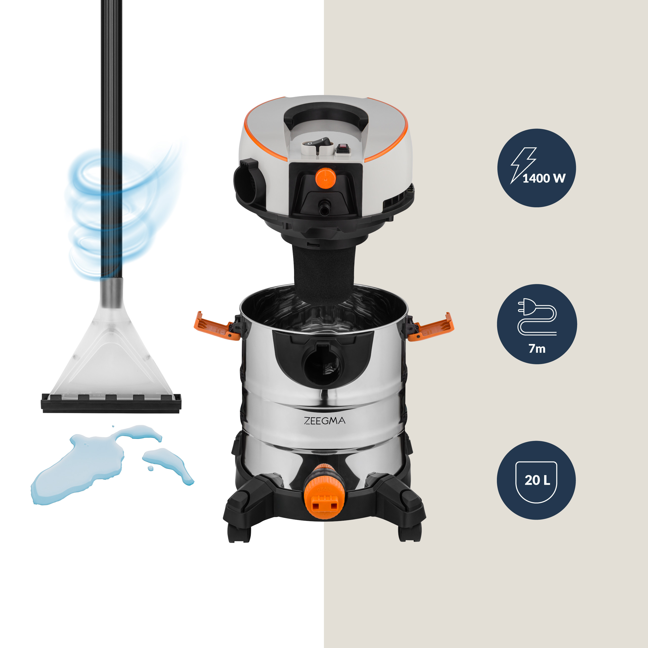 Srebrny i pomarańczowy odkurzacz Zeegma z akcesoriami i ikonami funkcji na jasnym tle.
