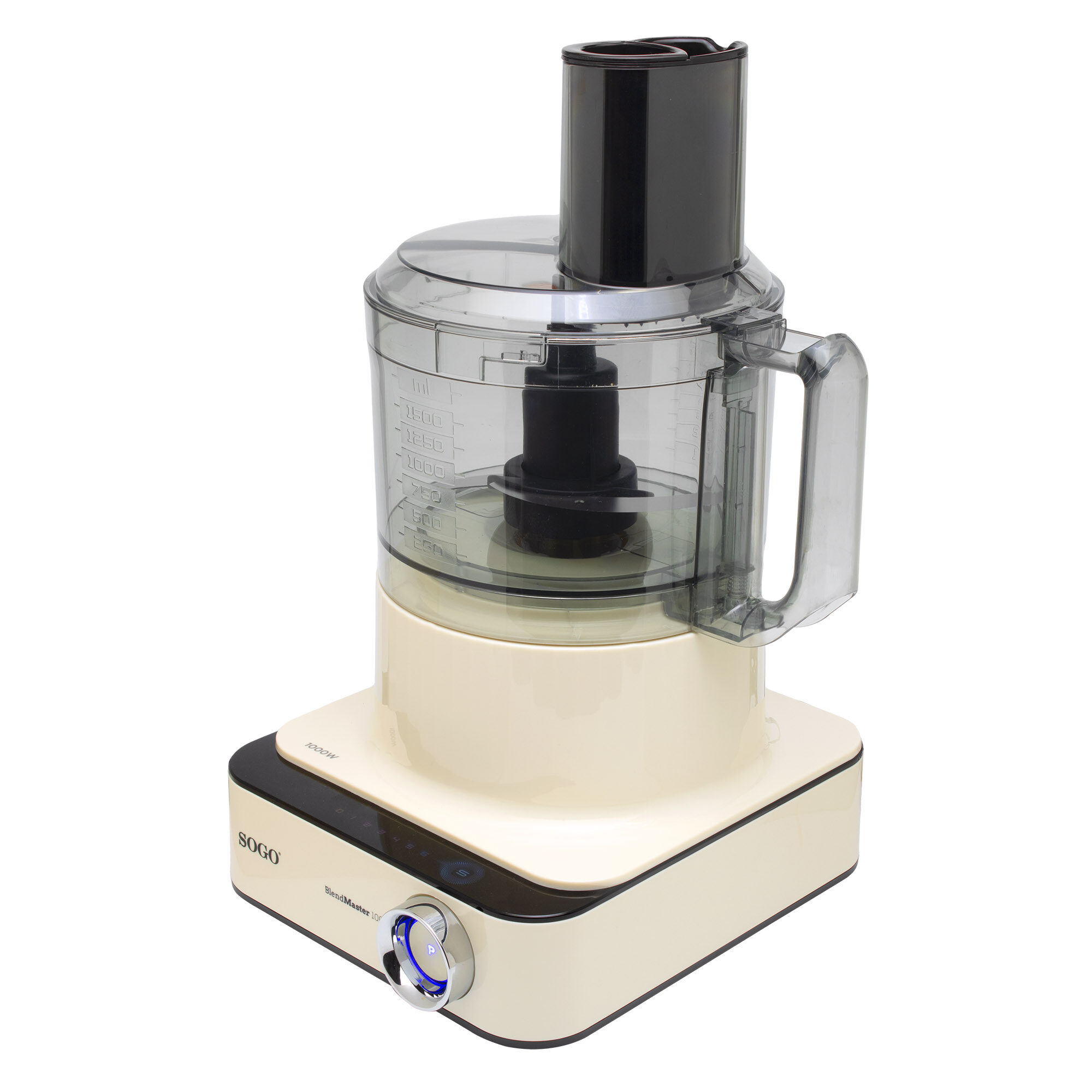 Un robot da cucina beige su una superficie bianca con base nera e contenitore trasparente. Ha una maniglia.