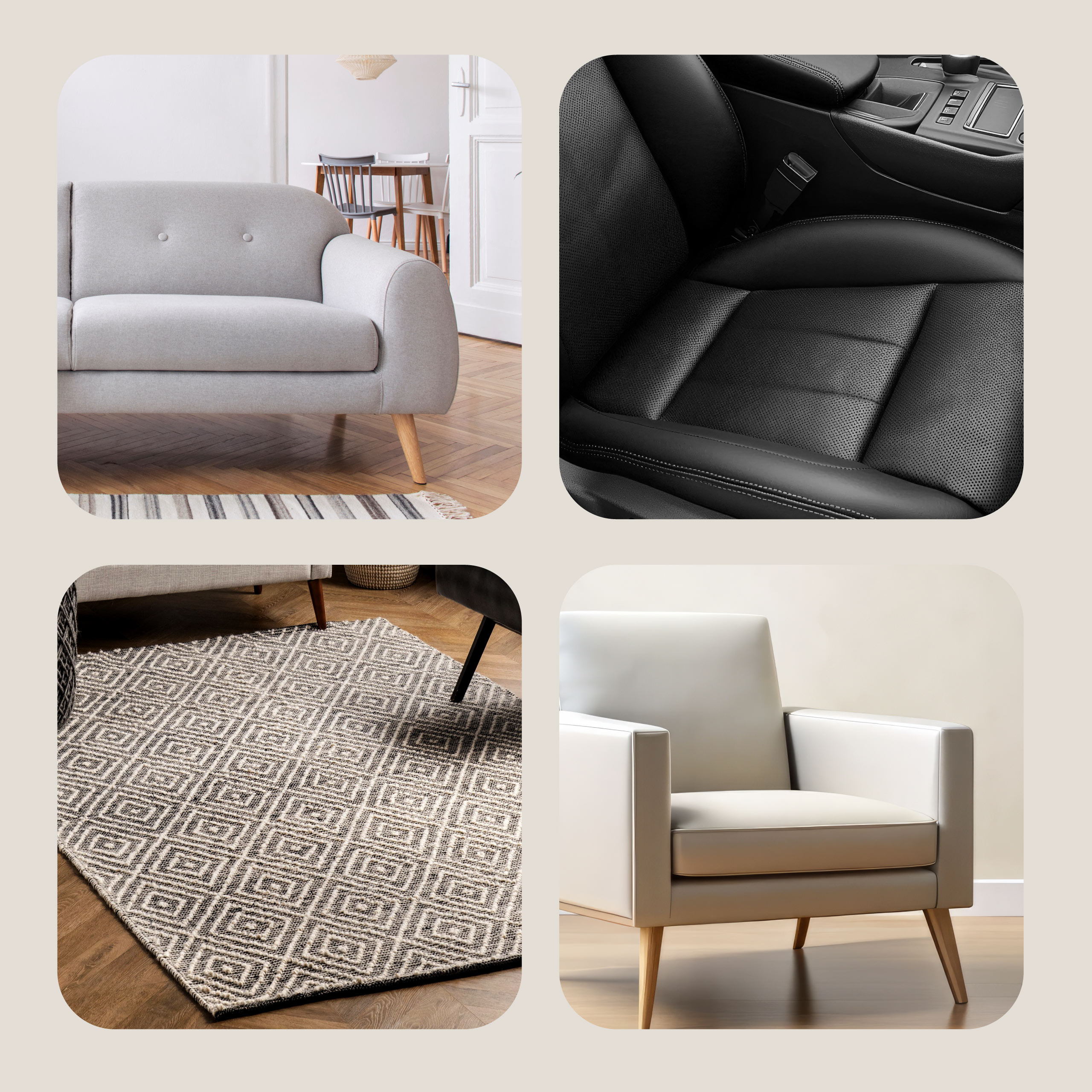 Kolaż: szara sofa, czarne skórzane siedzenie samochodowe, wzorzysty dywan i biały fotel.