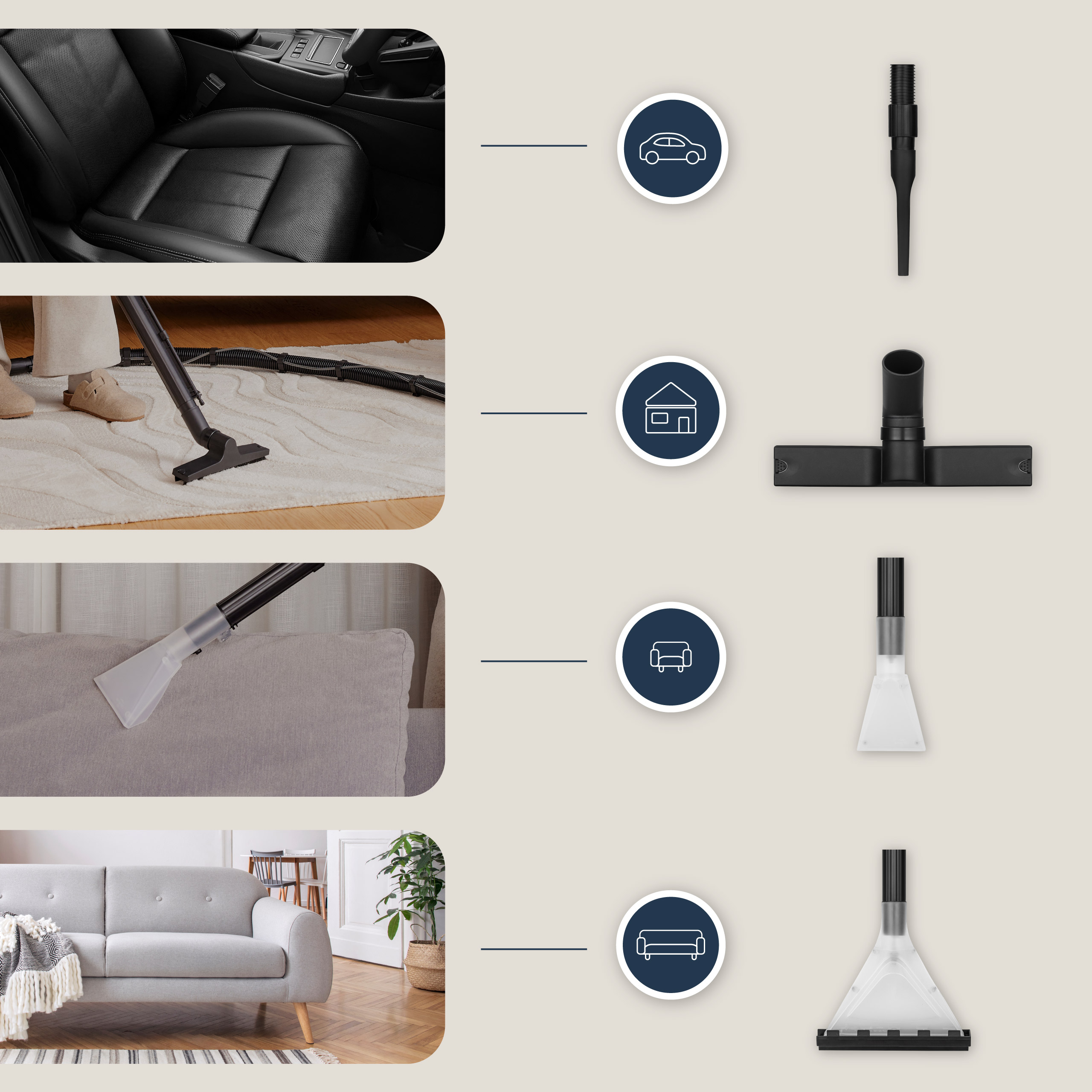 Schemat przedstawiający akcesoria do odkurzacza: fotel samochodowy, dom, sofa. Użyto ikon.