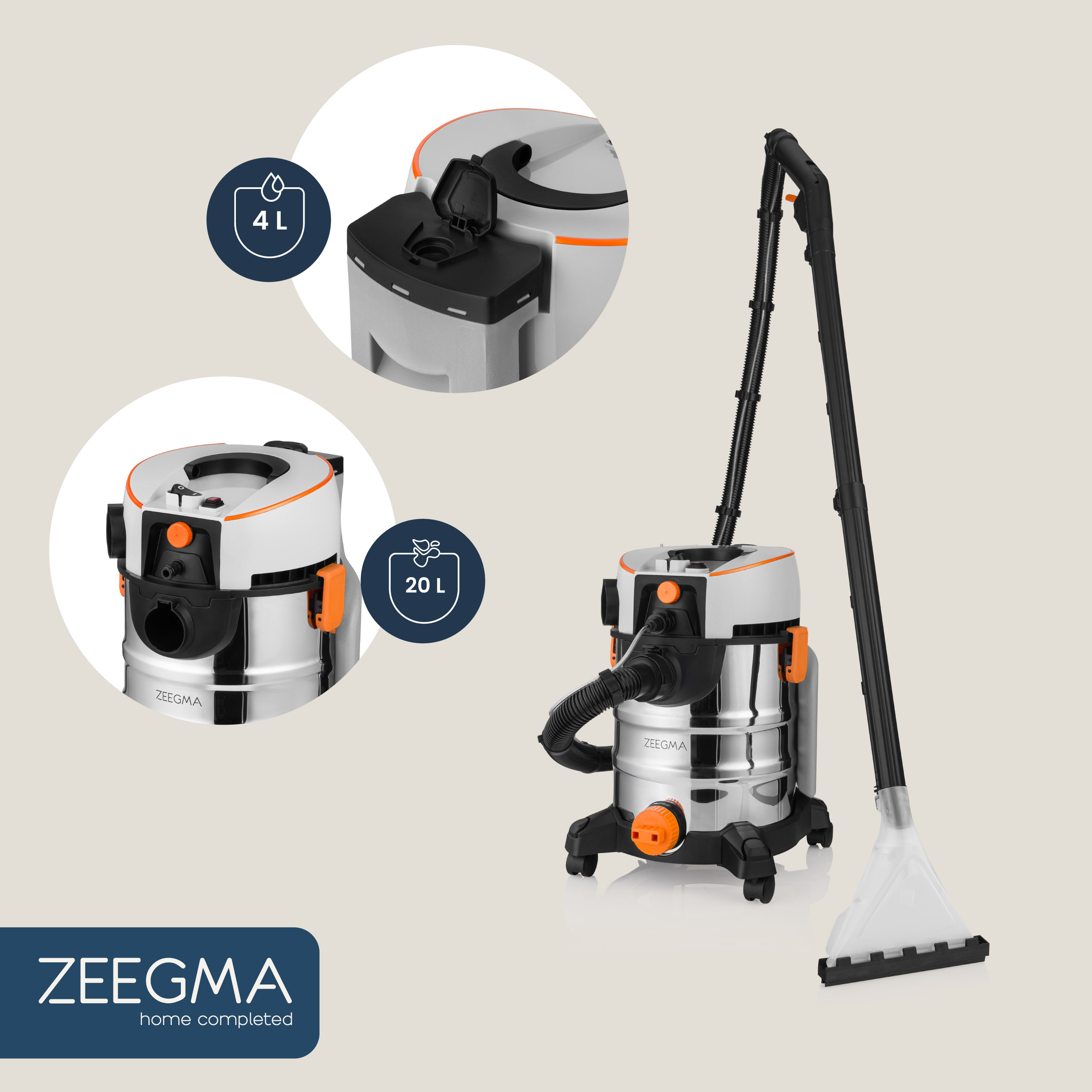 Odkurzacz z pomarańczowymi akcentami i pojemnikiem ze wskaźnikiem poziomu wody.