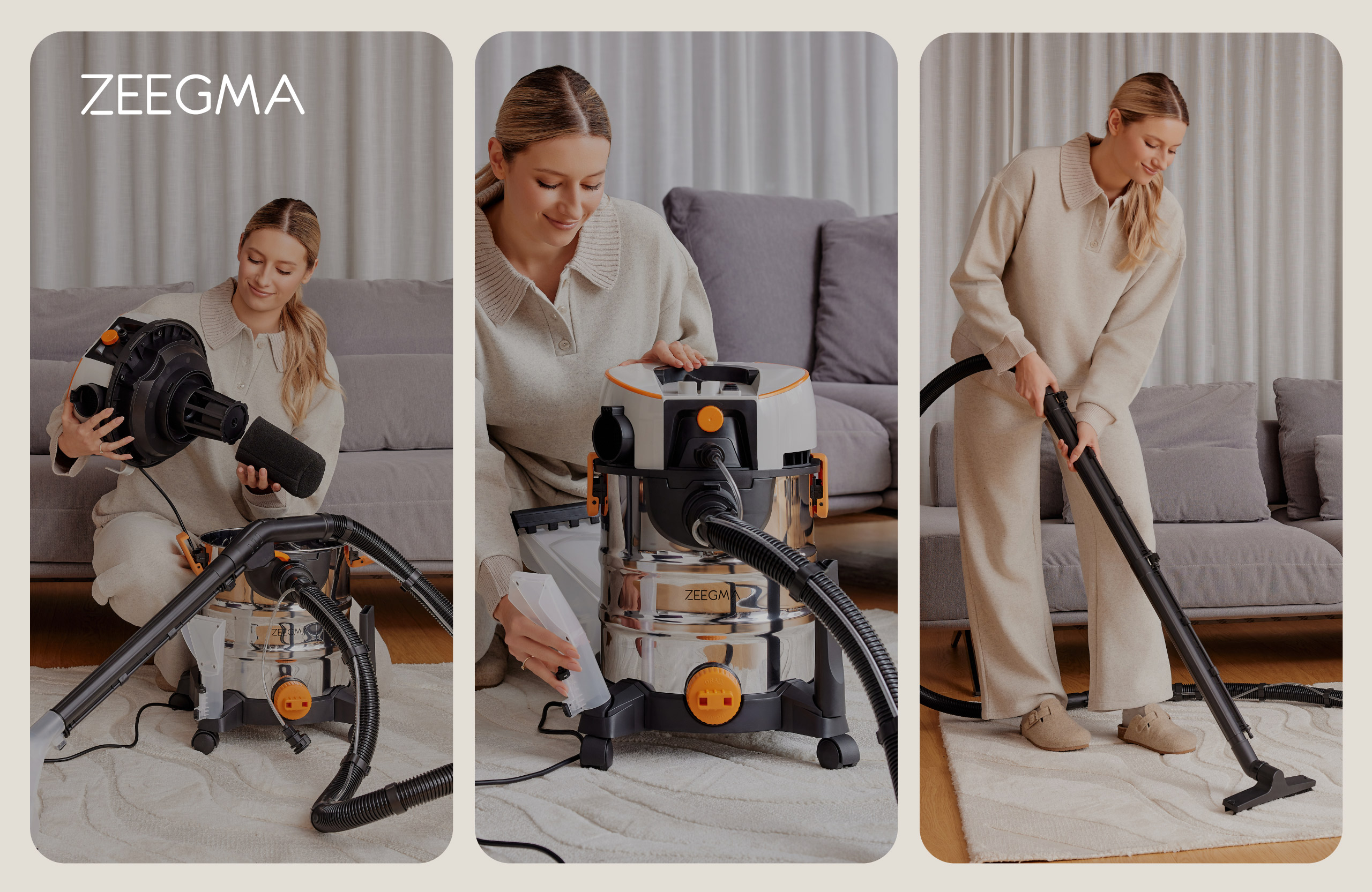 Kobieta używająca odkurzacza Zeegma, pokazująca różne etapy użytkowania.