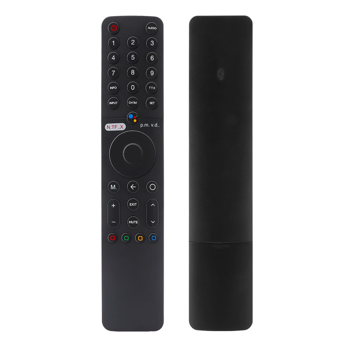 Zwei schwarze TV-Fernbedienungen, eine mit sichtbaren Tasten.