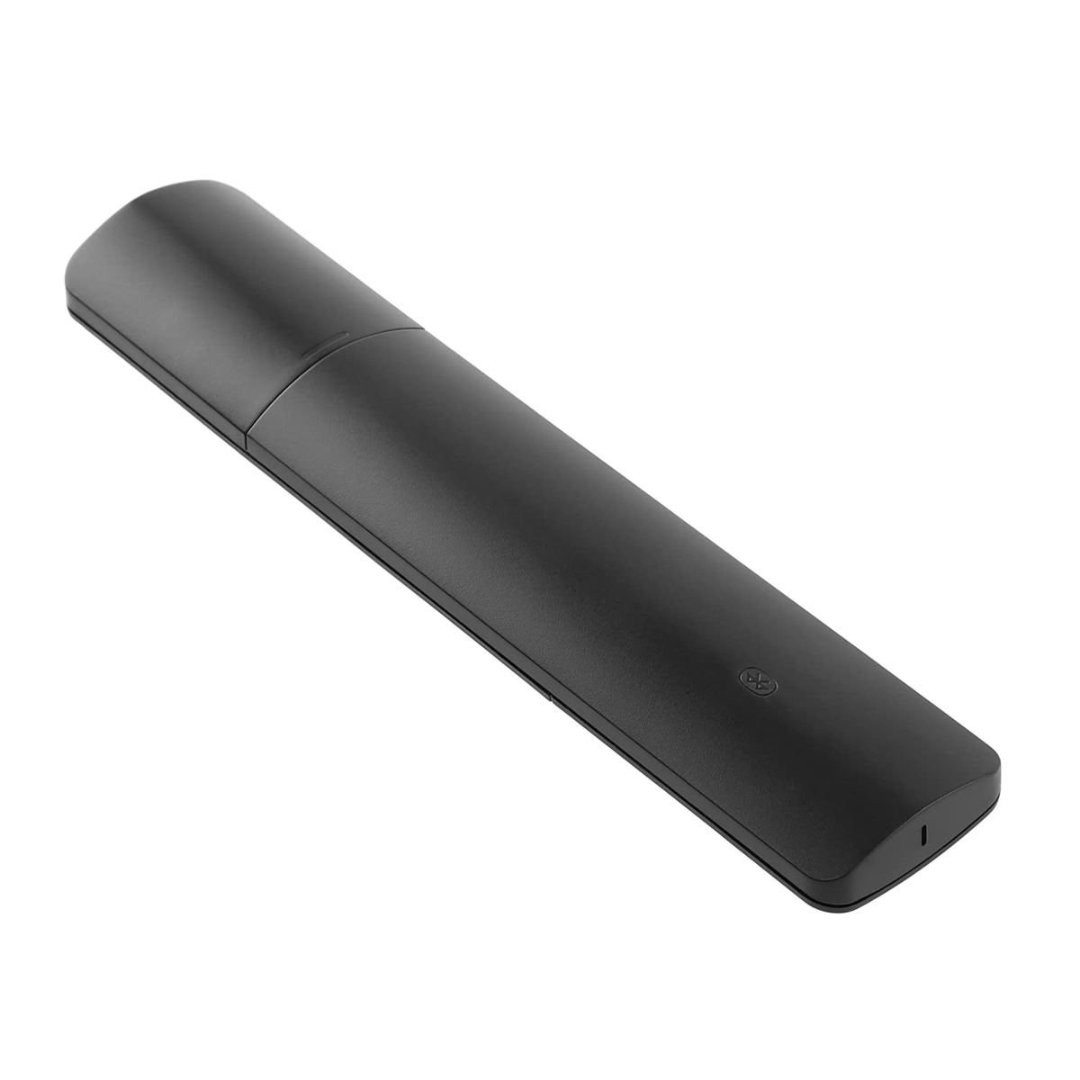 Schwarze, schlanke Fernbedienung mit geschwungenem Design auf weißem Untergrund.