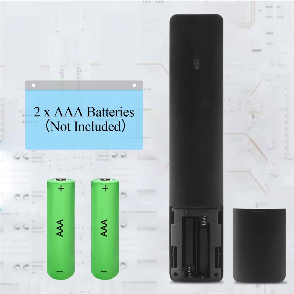 Fernbedienung, grüne AAA-Batterien und ein Batteriefach. Text zeigt, dass Batterien nicht enthalten sind.