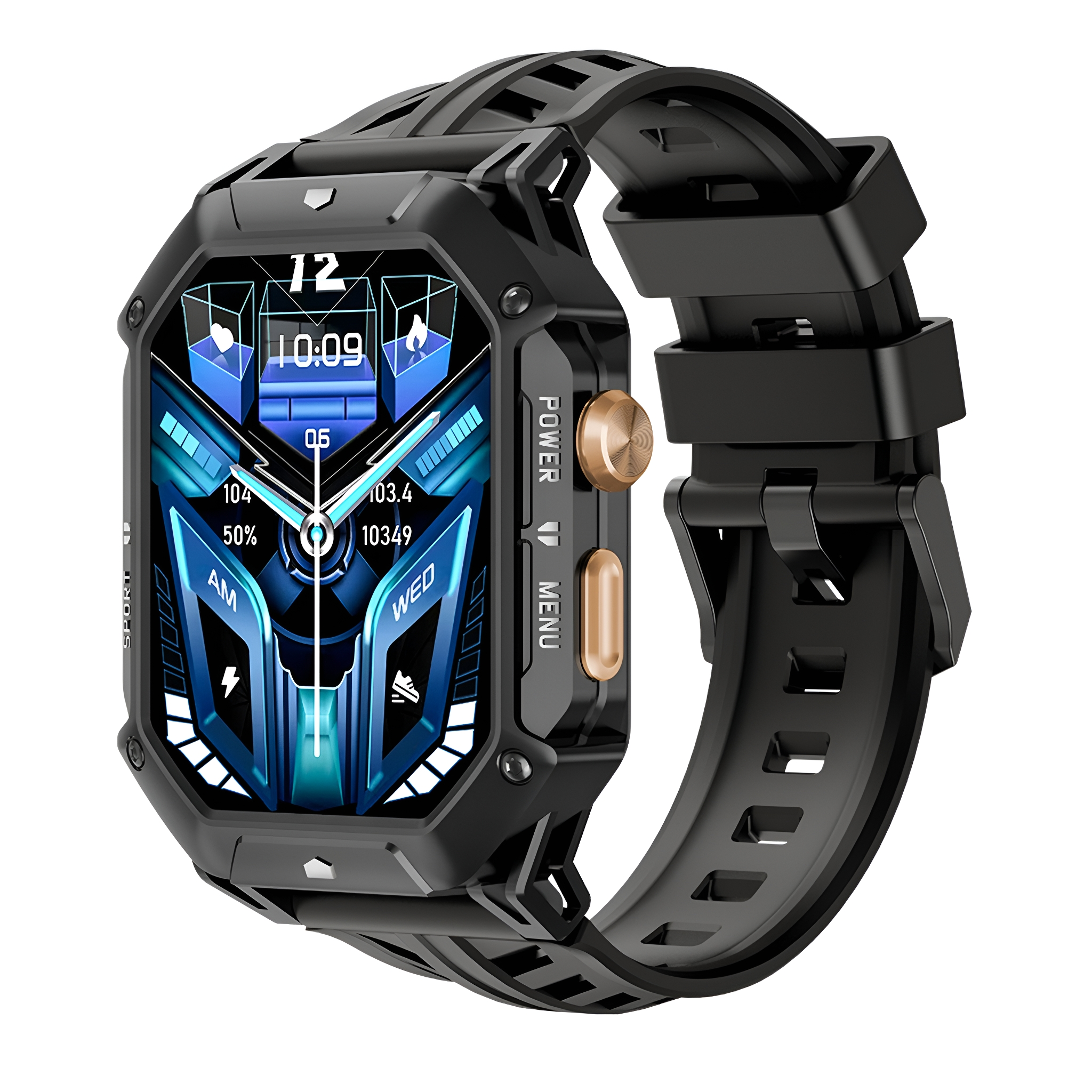 Schwarze Smartwatch mit digitalem Display, das Zeit und Gesundheitsdaten anzeigt, und schwarzem Armband. Goldene Knöpfe an der Seite.