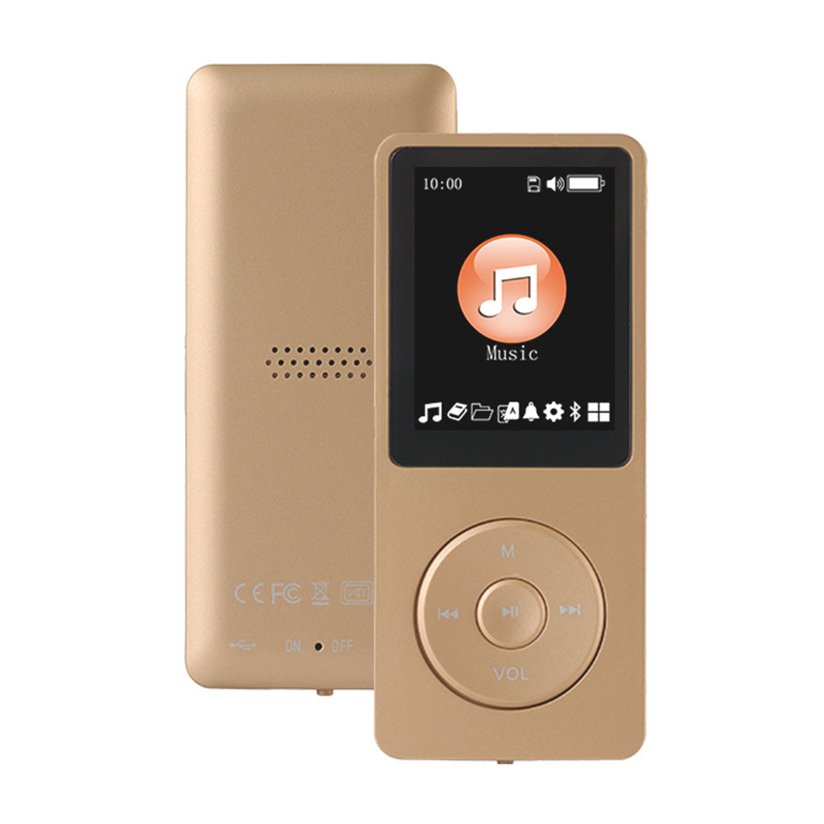 Goldfarbener tragbarer MP3-Player mit Bildschirm und Rückseite. Unten befindet sich eine runde Taste.