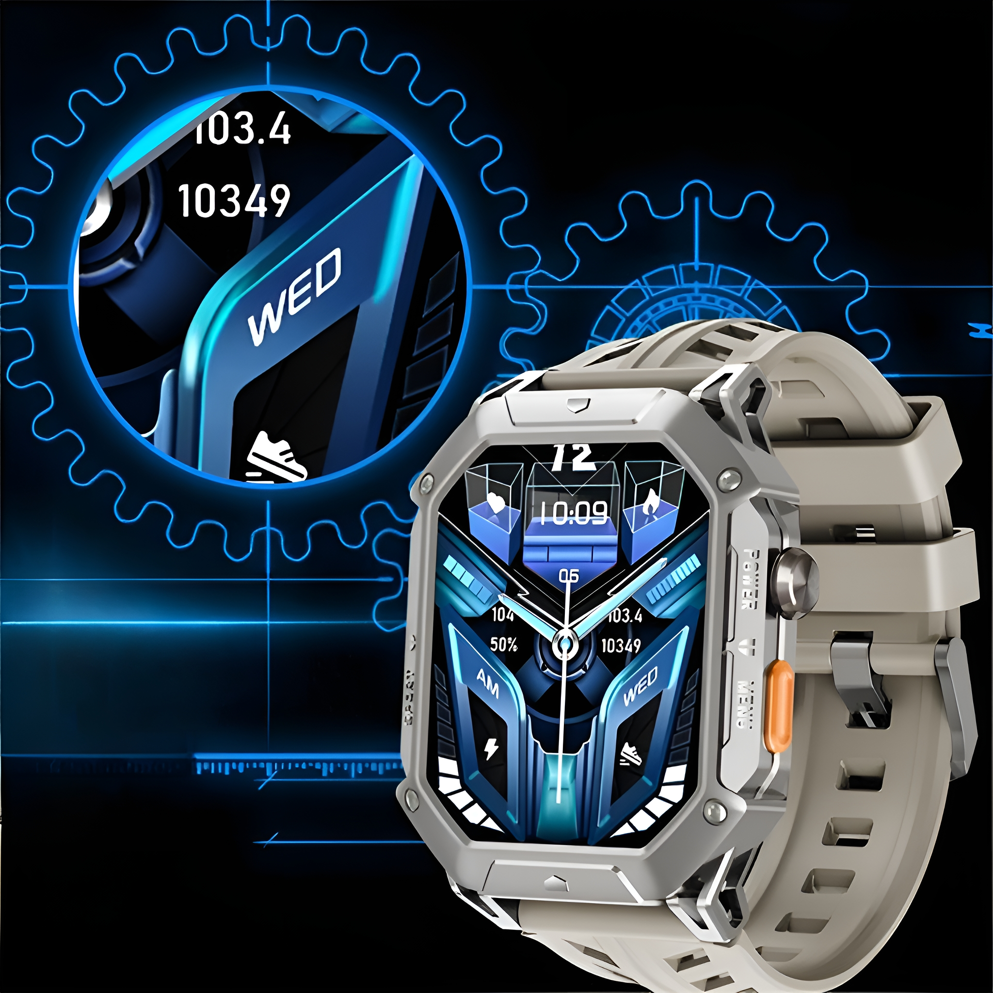 Eine Smartwatch mit Display, das Zeit- und Fitnessdaten anzeigt, mit weißem Armband.