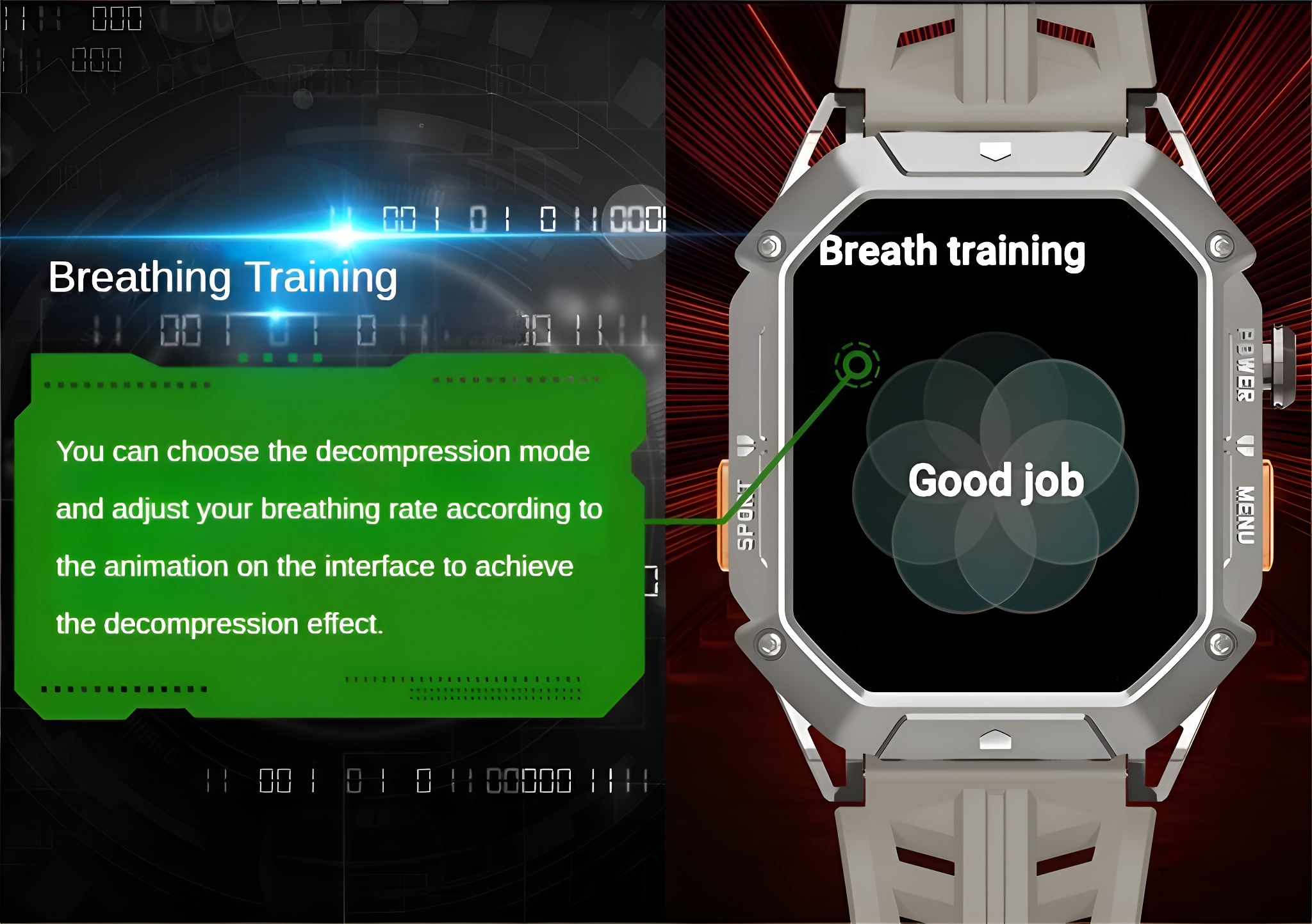 Zwei Smartwatch-Bildschirme. Einer zeigt eine Atemtrainingsanimation, der andere sagt "Gut gemacht" nach dem Atemtraining.