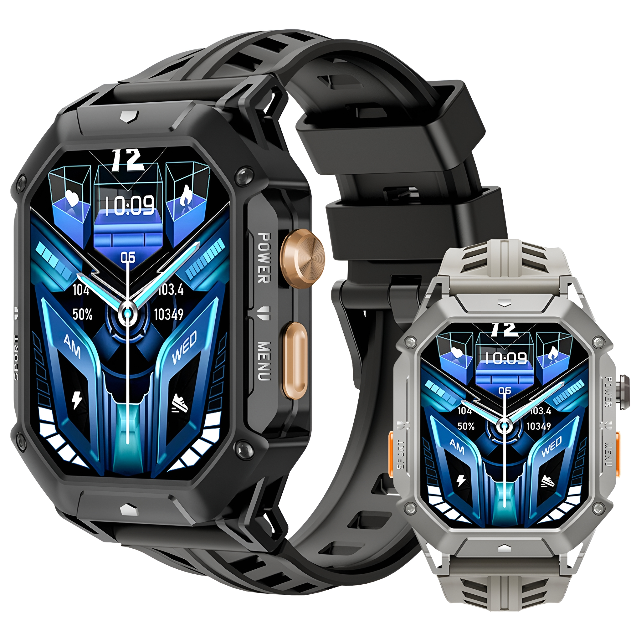 Schwarze und graue Smartwatches mit Digitalanzeigen. Eine schwarz, eine grau, zeigen Zeit und Fitnessdaten.