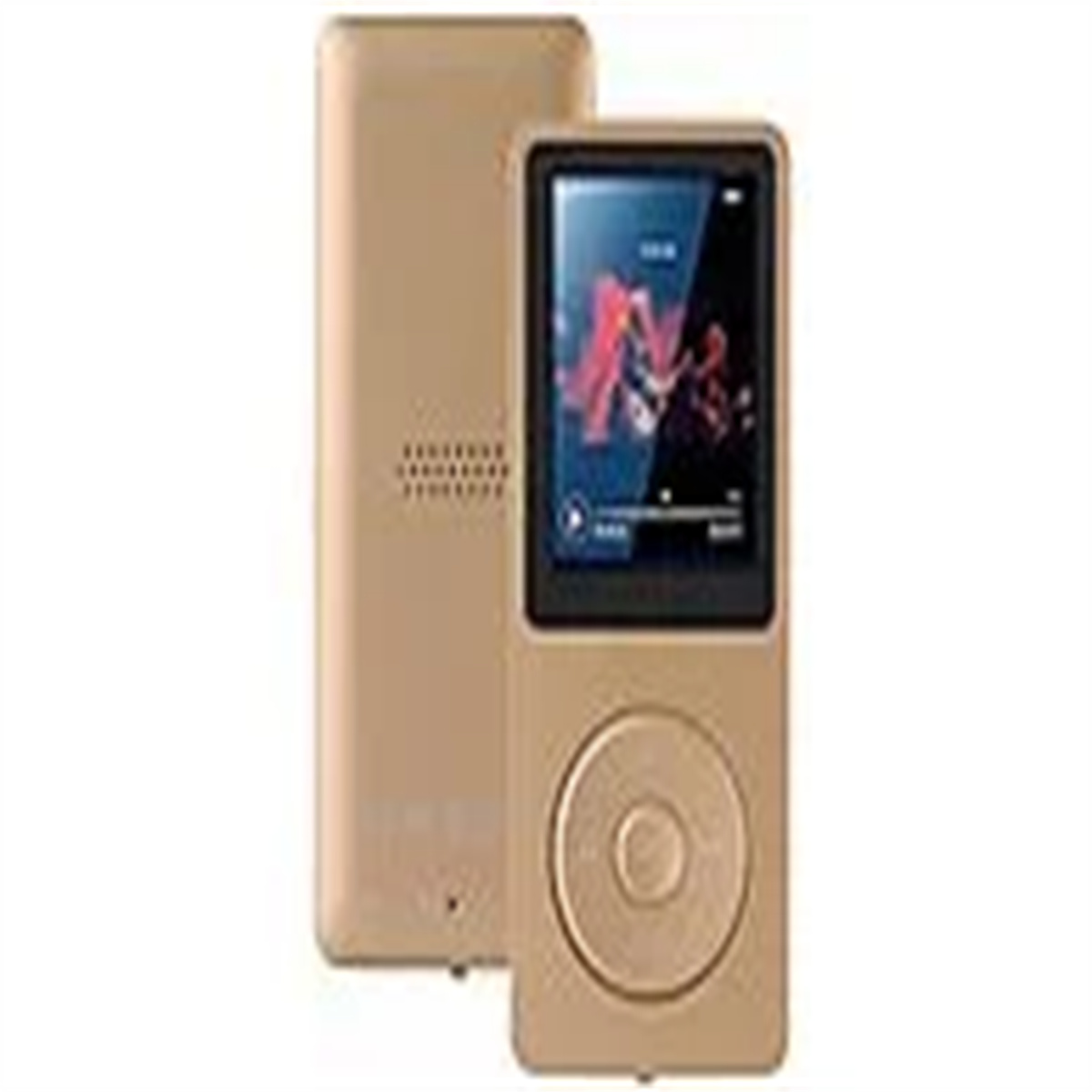 Goldener MP3-Player mit einem Bildschirm, der eine Musikoberfläche zeigt. Dahinter befindet sich eine passende Hülle.