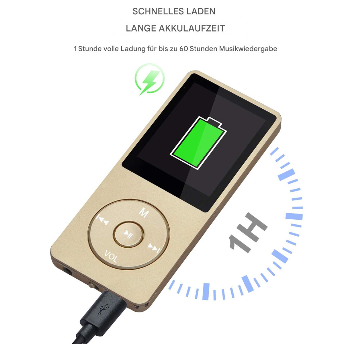 Goldener MP3-Player mit Bildschirm, Knöpfen und Ladekabel. Text: Schnelles Laden.