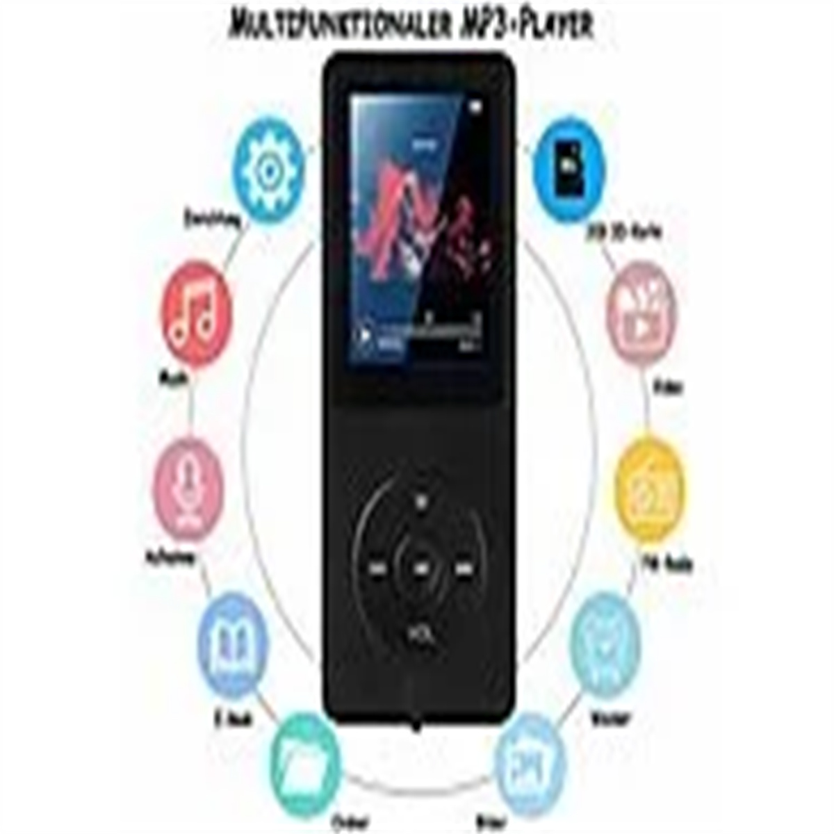 Ein schwarzer MP3-Player mit Bildschirm, der eine Musikoberfläche anzeigt, umgeben von Symbolen.