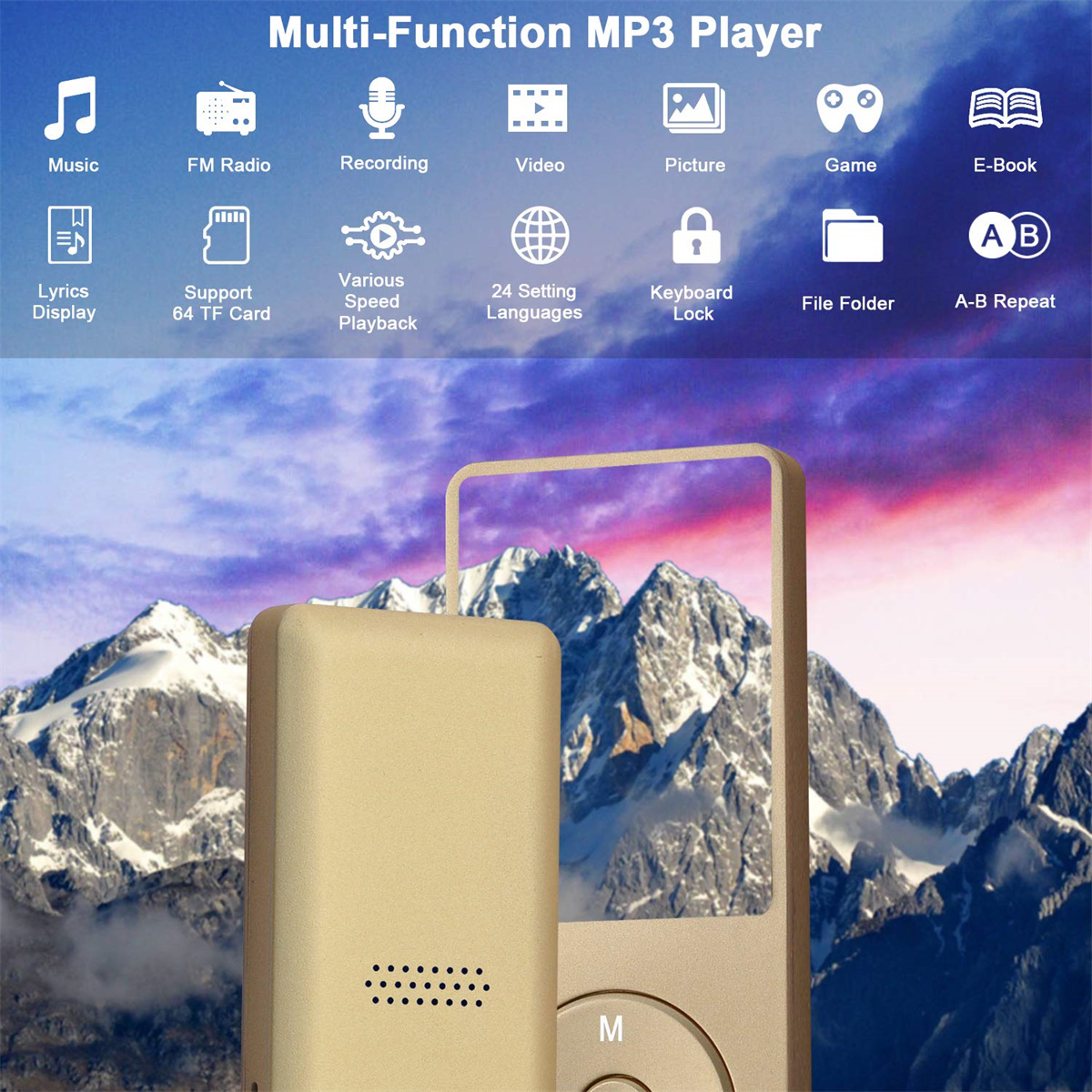 MP3-Player mit Symbolen. Berge im Hintergrund. Goldener Player vorne, mit Bildschirm und Tasten.