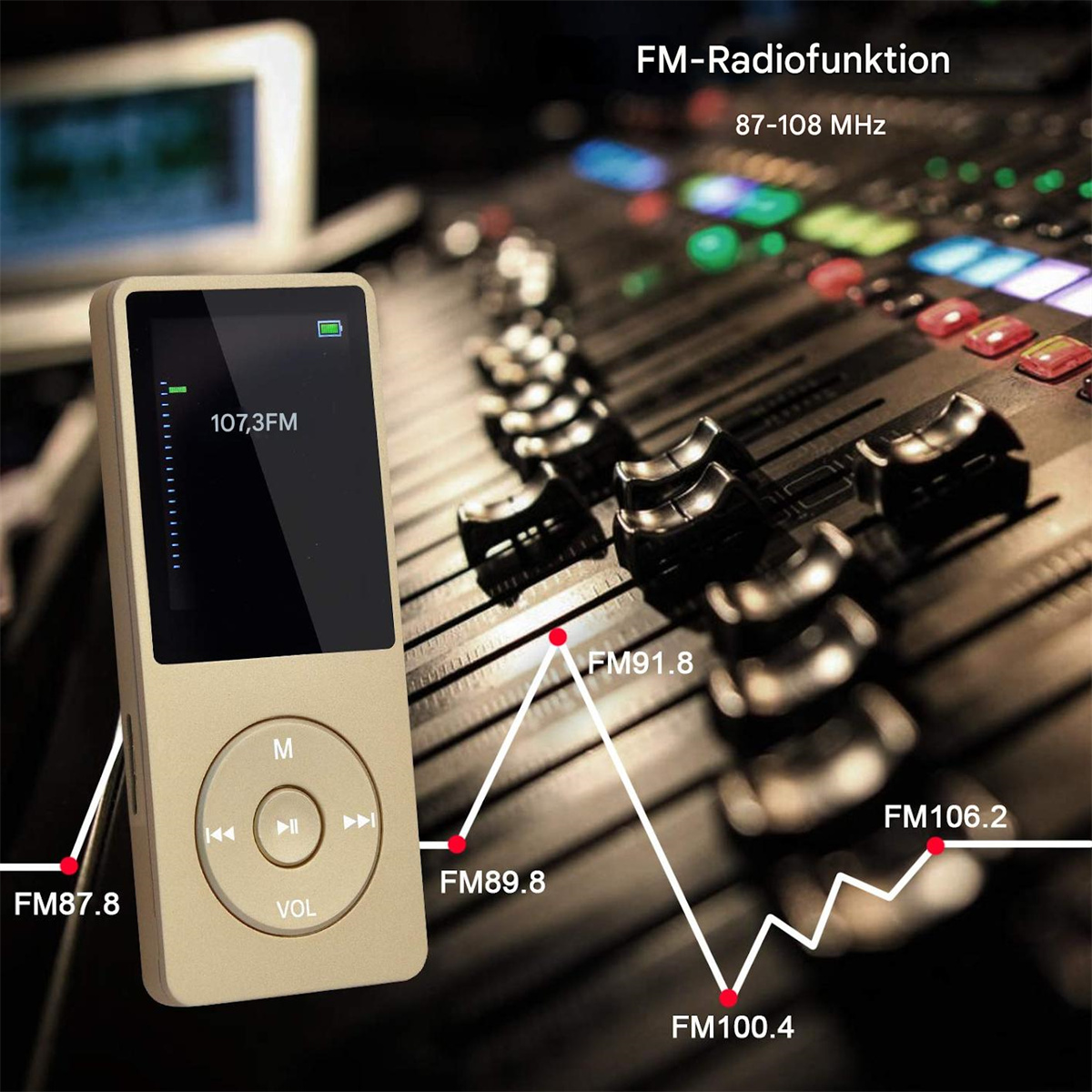 Ein goldfarbener MP3-Player mit Bildschirm und Knöpfen, mit FM-Radio-Informationen.