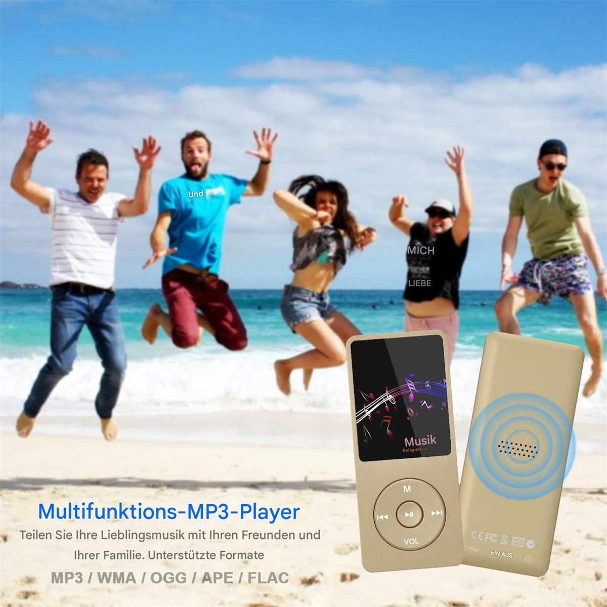 Eine Gruppe von Leuten springt an einem Strand. Sie feiern und halten MP3-Player.