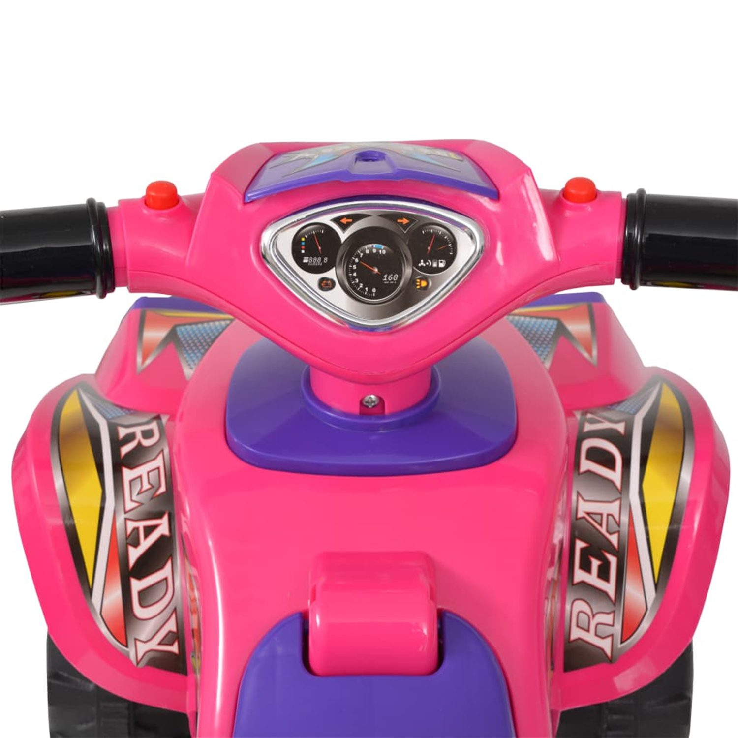 Armaturenbrett eines Spielzeug-ATV in Pink und Lila. Aufkleber "Ready" und Tachometer sichtbar.