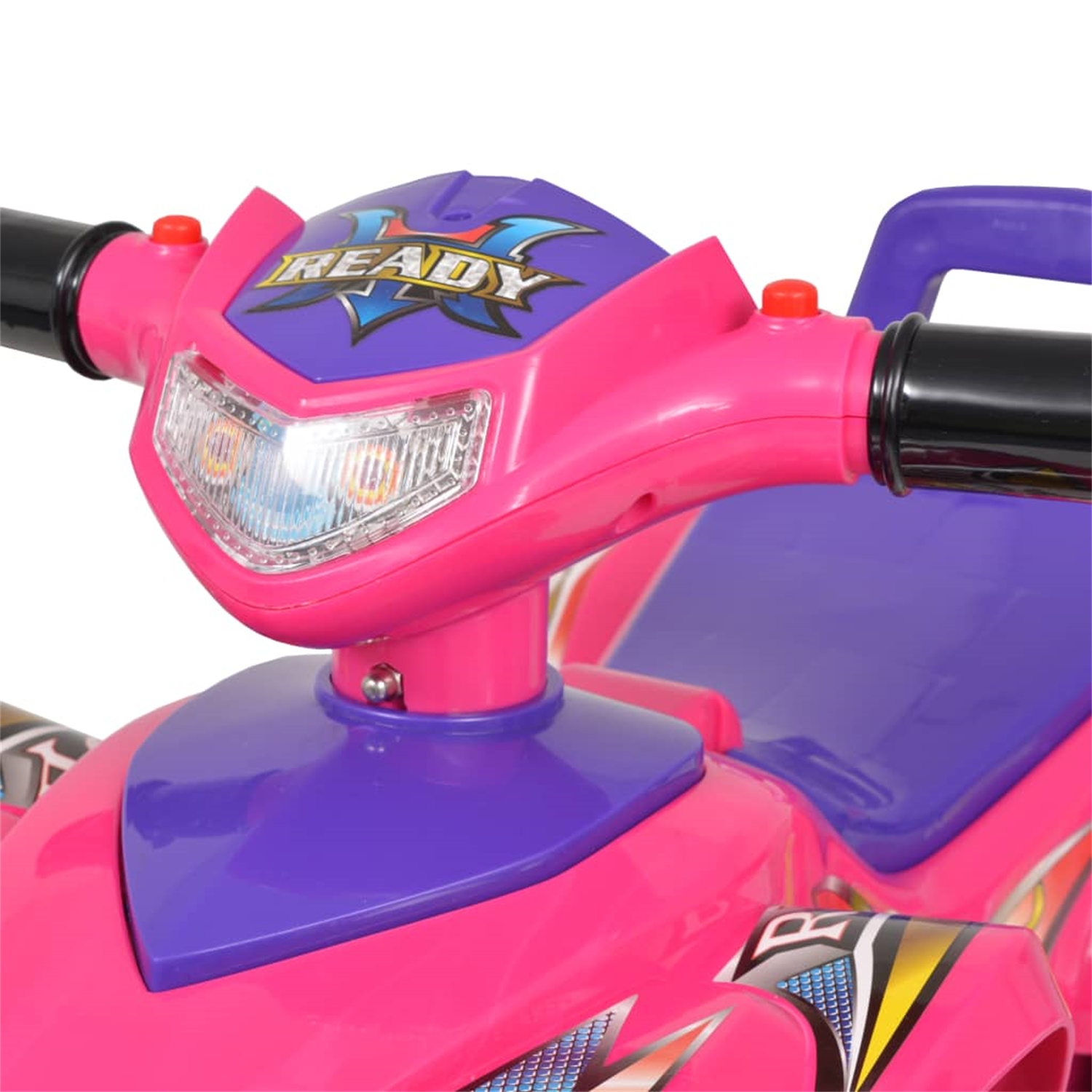 Ein rosa Spielzeugmotorrad mit blauem Akzent und READY-Text. Weißer Hintergrund.