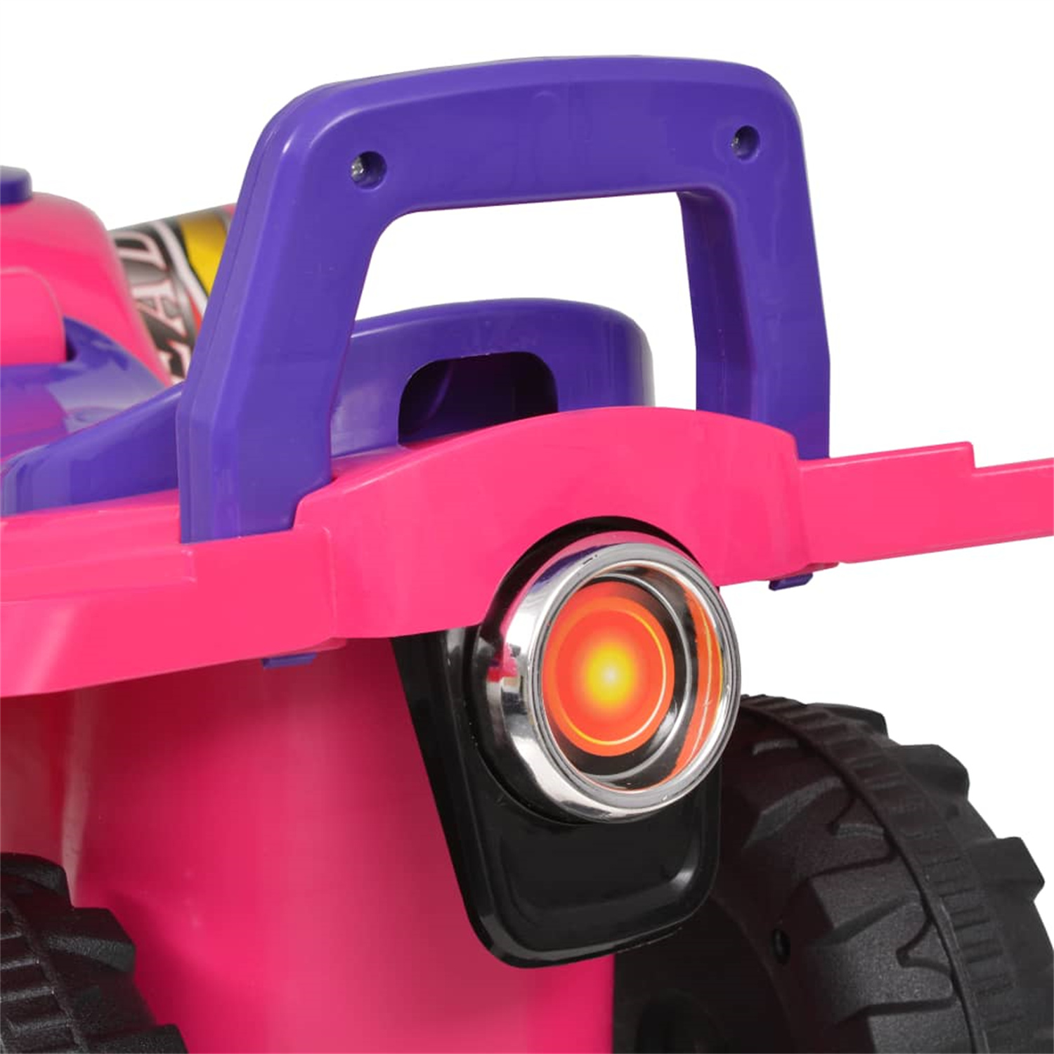Rückseite eines pinkfarbenen und lila Spielzeugautos, mit lila Griff, pinkfarbenem Gehäuse und hellem orangefarbenem Licht.