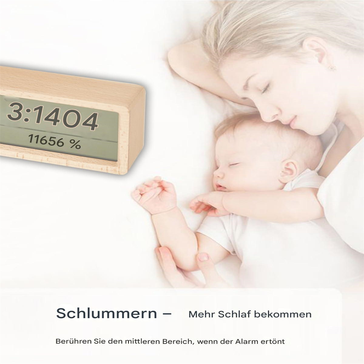Frau und Baby schlafen. Holzuhr zeigt Zeit und Prozentsatz an.