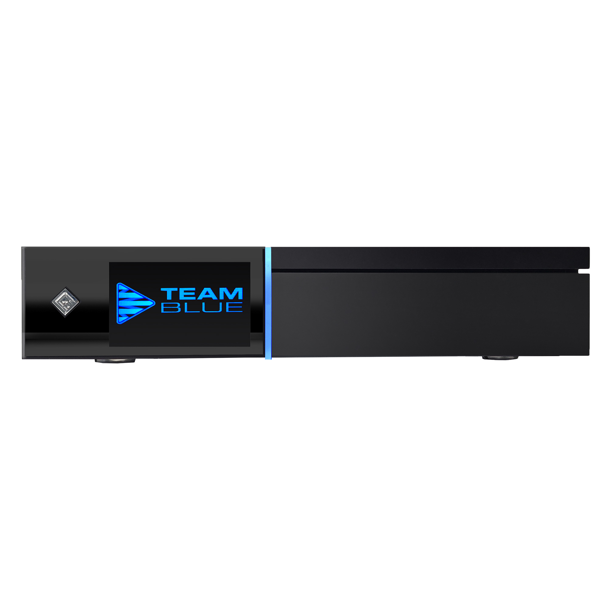 Ein schwarzer Mediaplayer mit dem Team Blue Logo auf der Vorderseite.