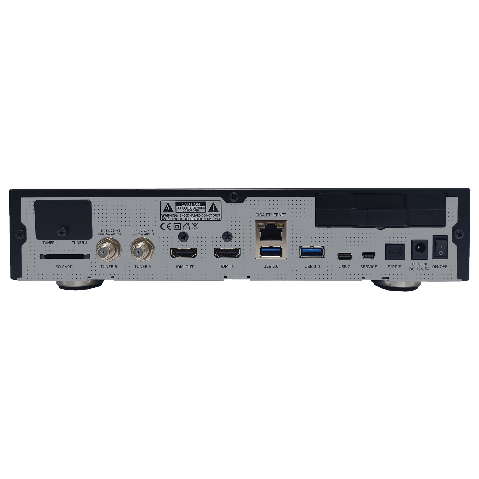 Rückseite eines schwarzen Receivers mit Anschlüssen und Ports.