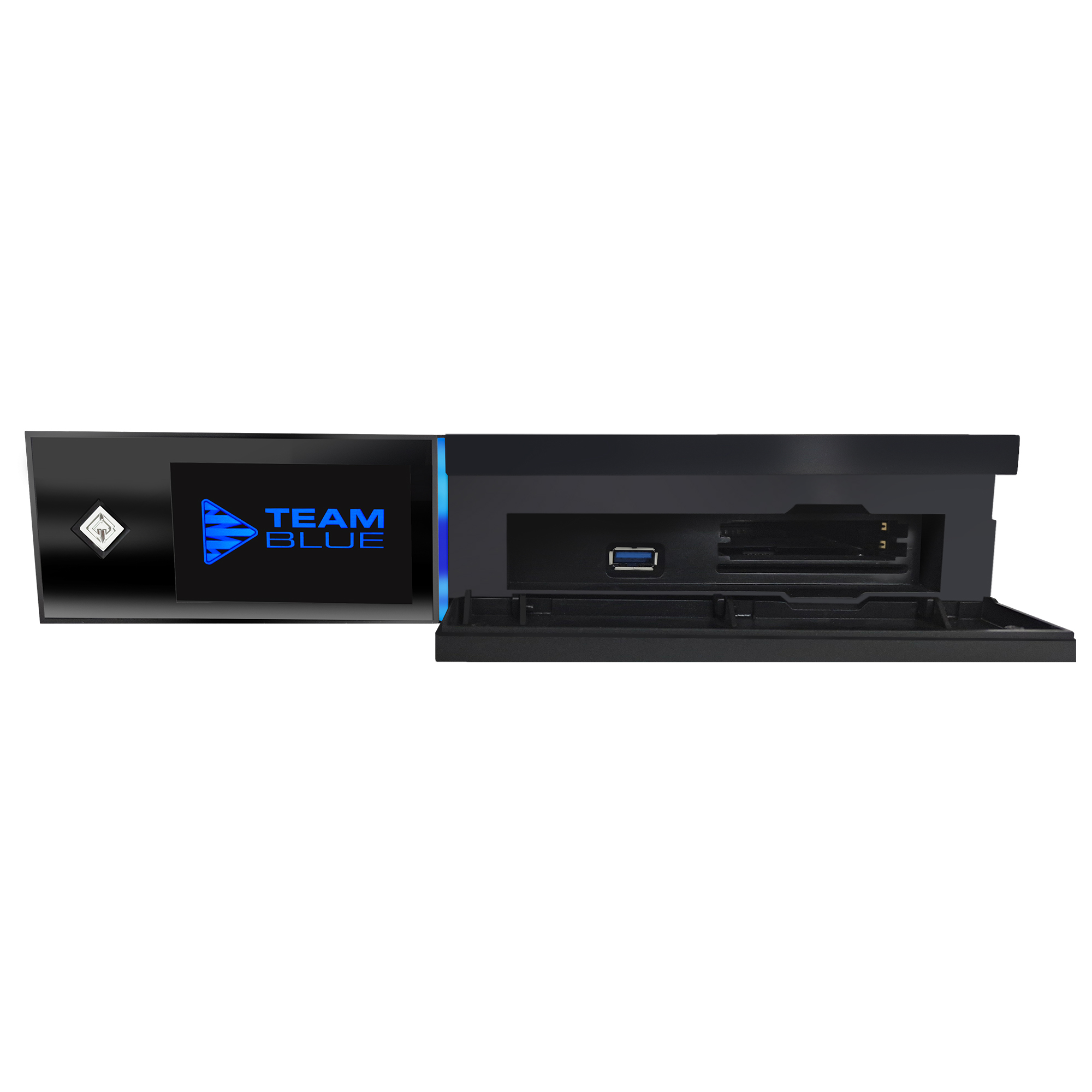 Schwarzes Computer-Frontpanel mit Team Blue-Logo und USB-Anschlüssen. Offene Tür zeigt Anschlüsse.