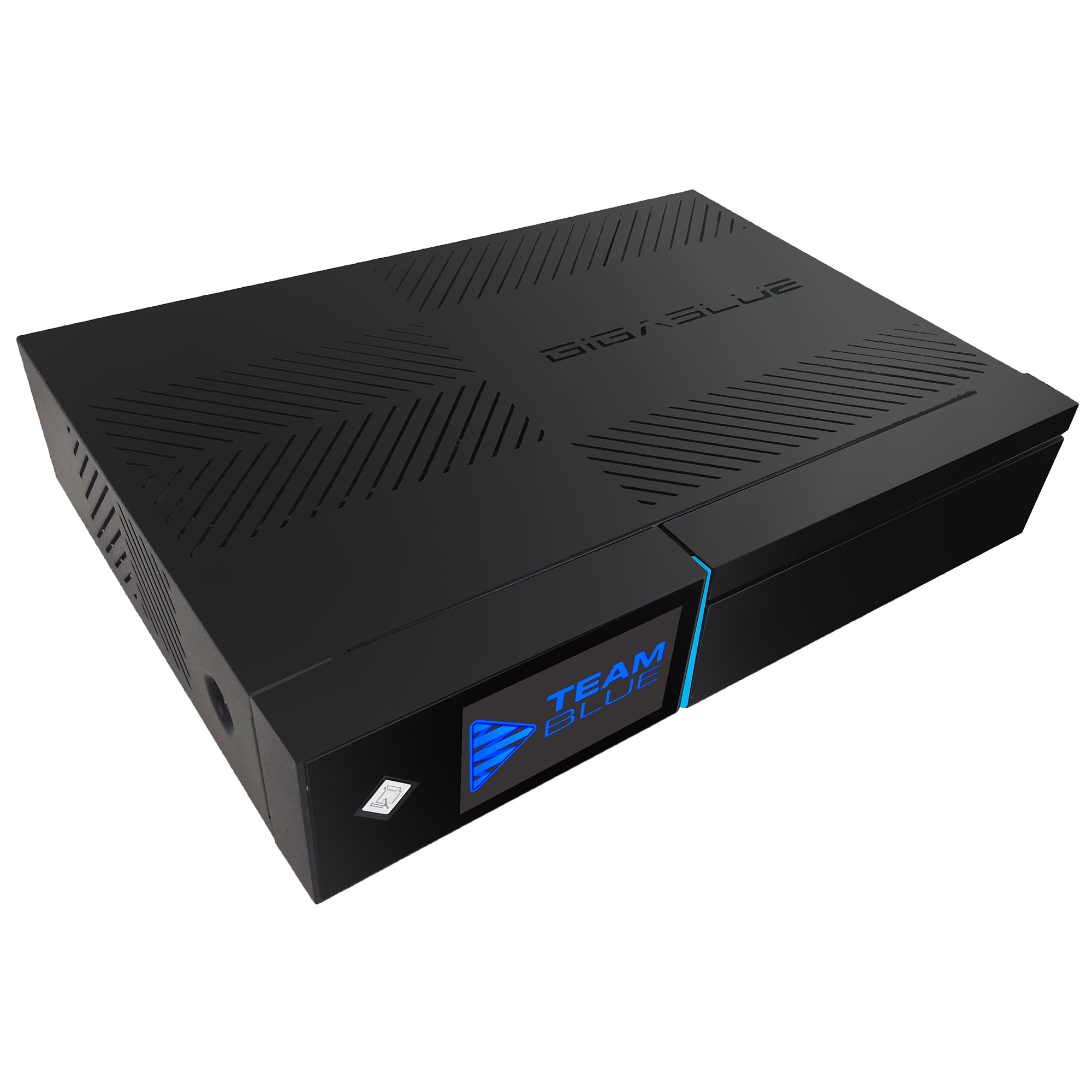 Schwarzes, rechteckiges elektronisches Gerät mit der Aufschrift 'GIGASLUE' und 'TEAM BLUE' und blauen LED-Leuchten.