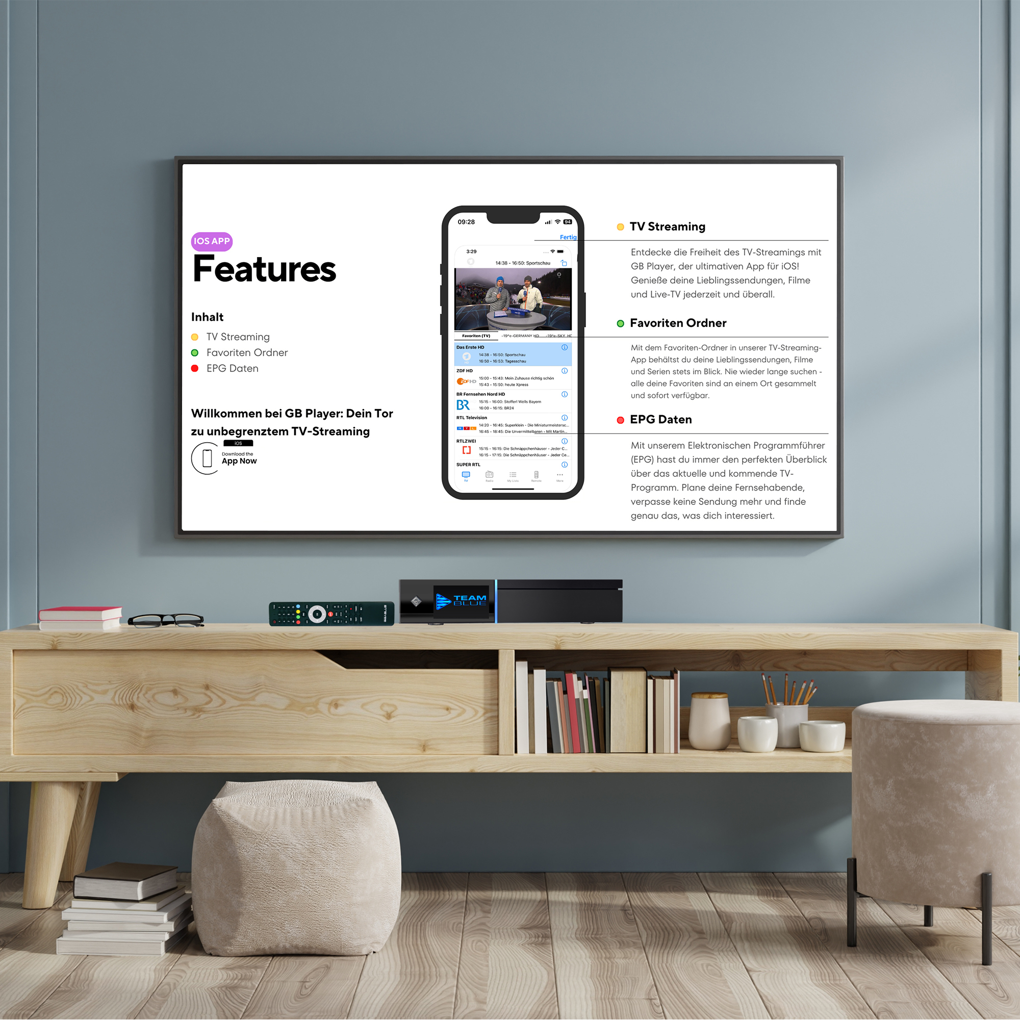 TV-Bildschirm auf Holzschrank mit Telefon-App, Fernbedienung und Set-Top-Box.