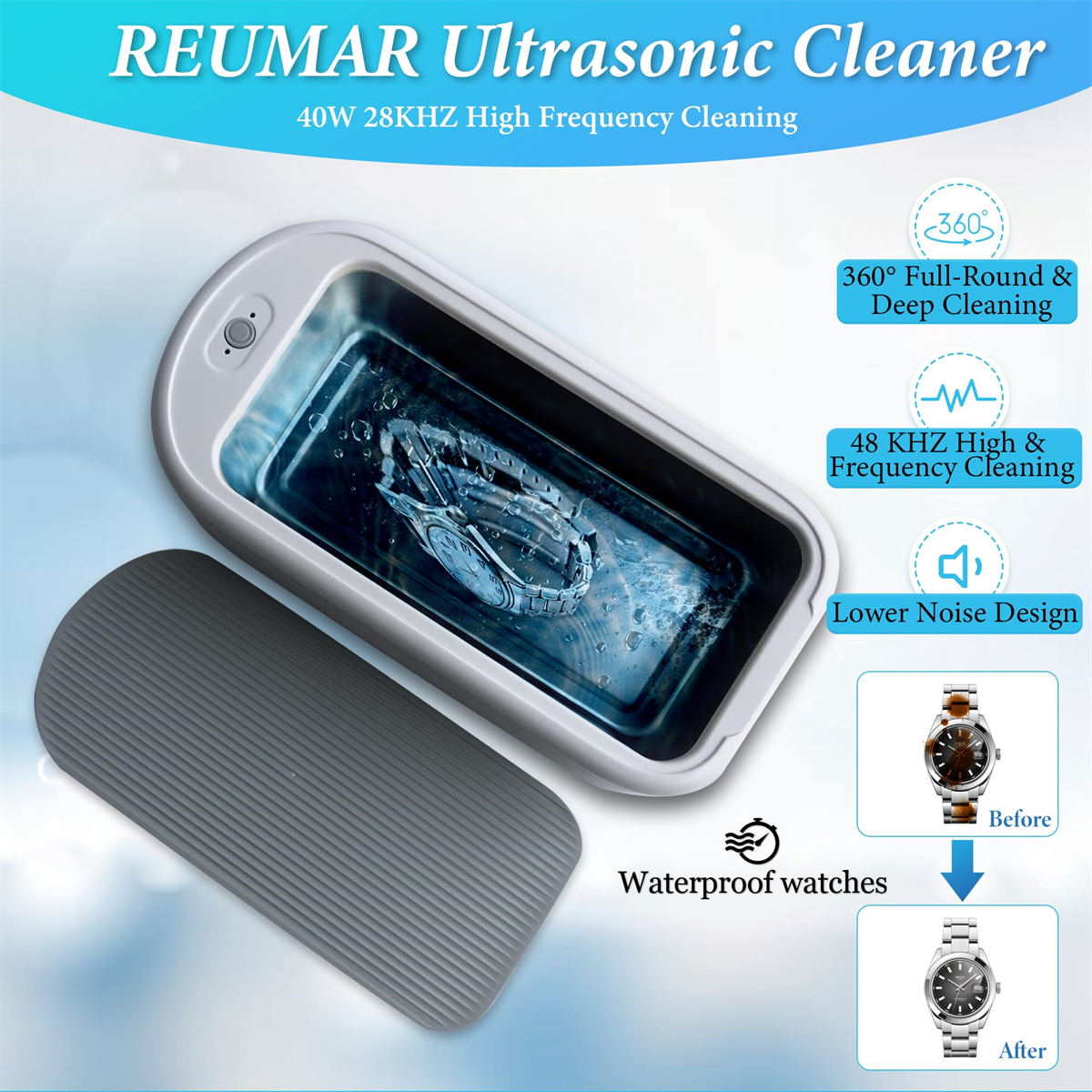 Ultraschallreiniger mit Uhr. Grauer Deckel daneben. Text und Symbole um das Produkt.