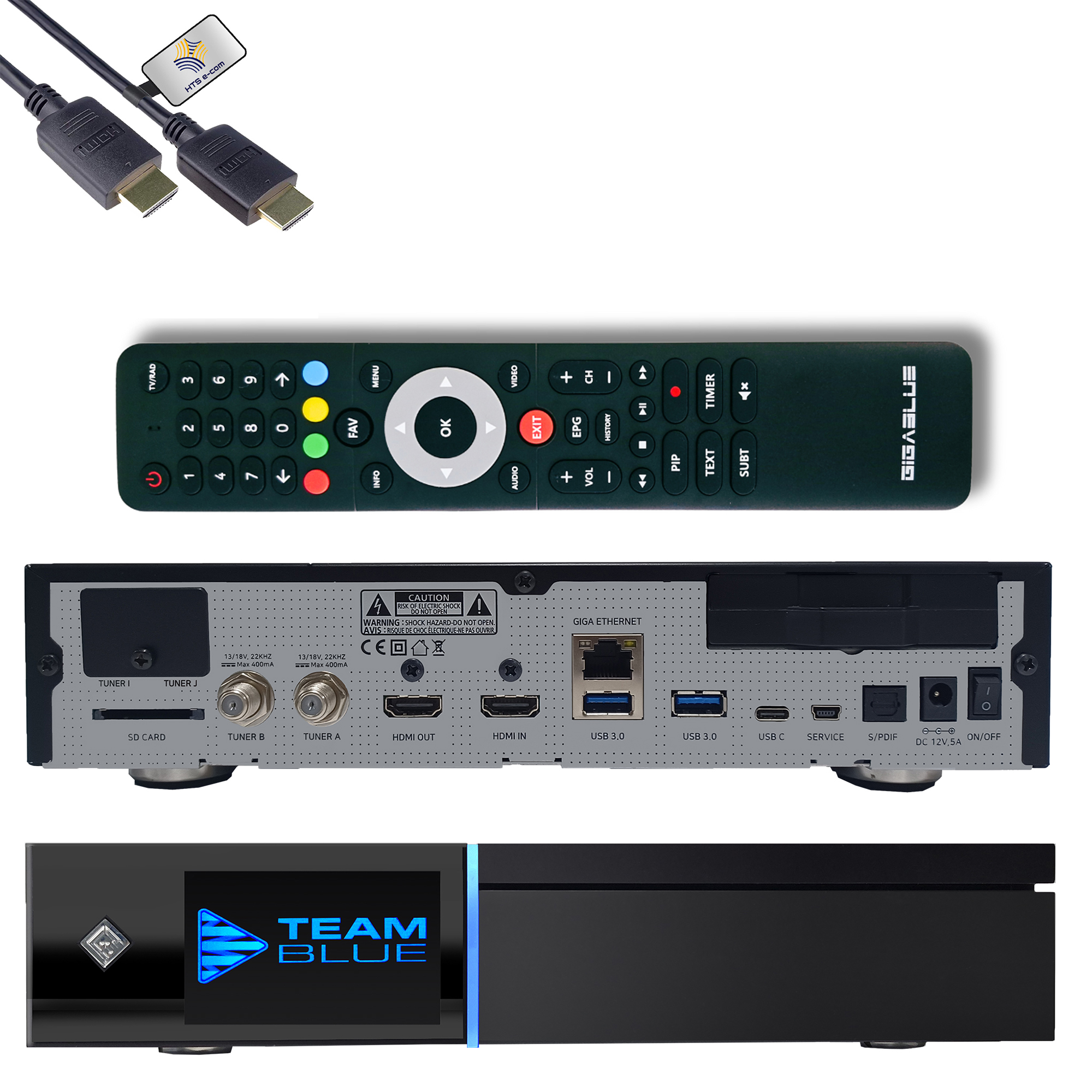 Ein schwarzer digitaler Receiver mit Fernbedienung, Kabeln und Logo. Der Hintergrund ist weiß mit HDMI-Kabeln.