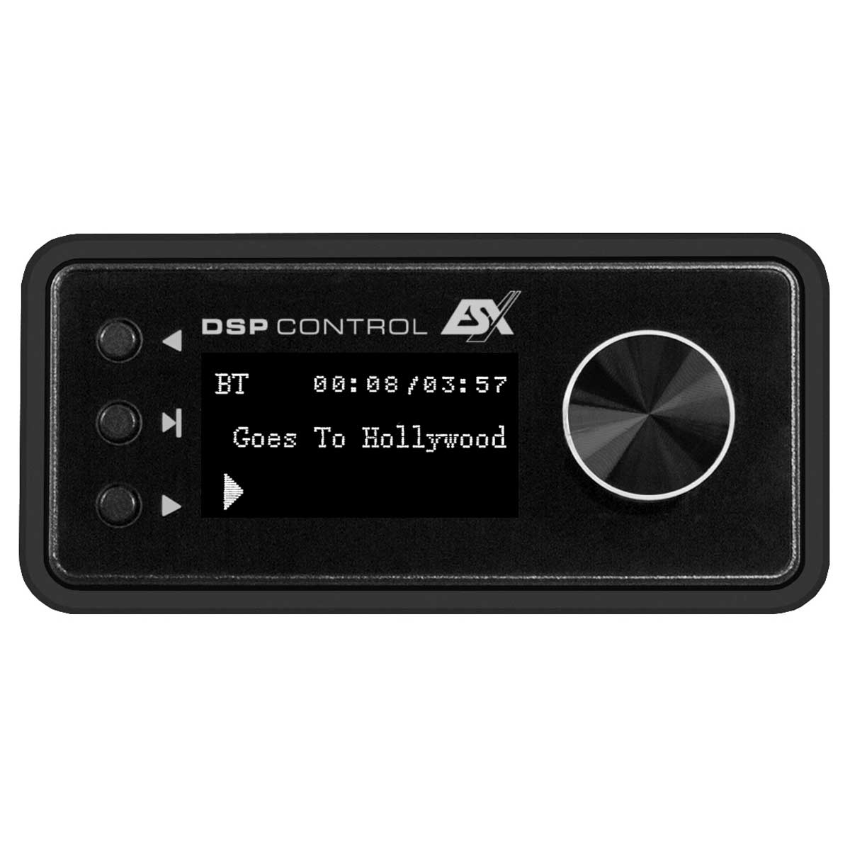 Schwarzes Steuergerät mit Bildschirm, Knöpfen und Drehknopf. Text: DSP CONTROL, Goes To Hollywood.