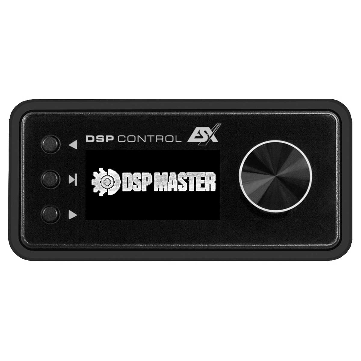Schwarzes DSP-Bedienfeld mit einem Bildschirm, der das DSP MASTER-Logo anzeigt, zusammen mit Steuertasten.