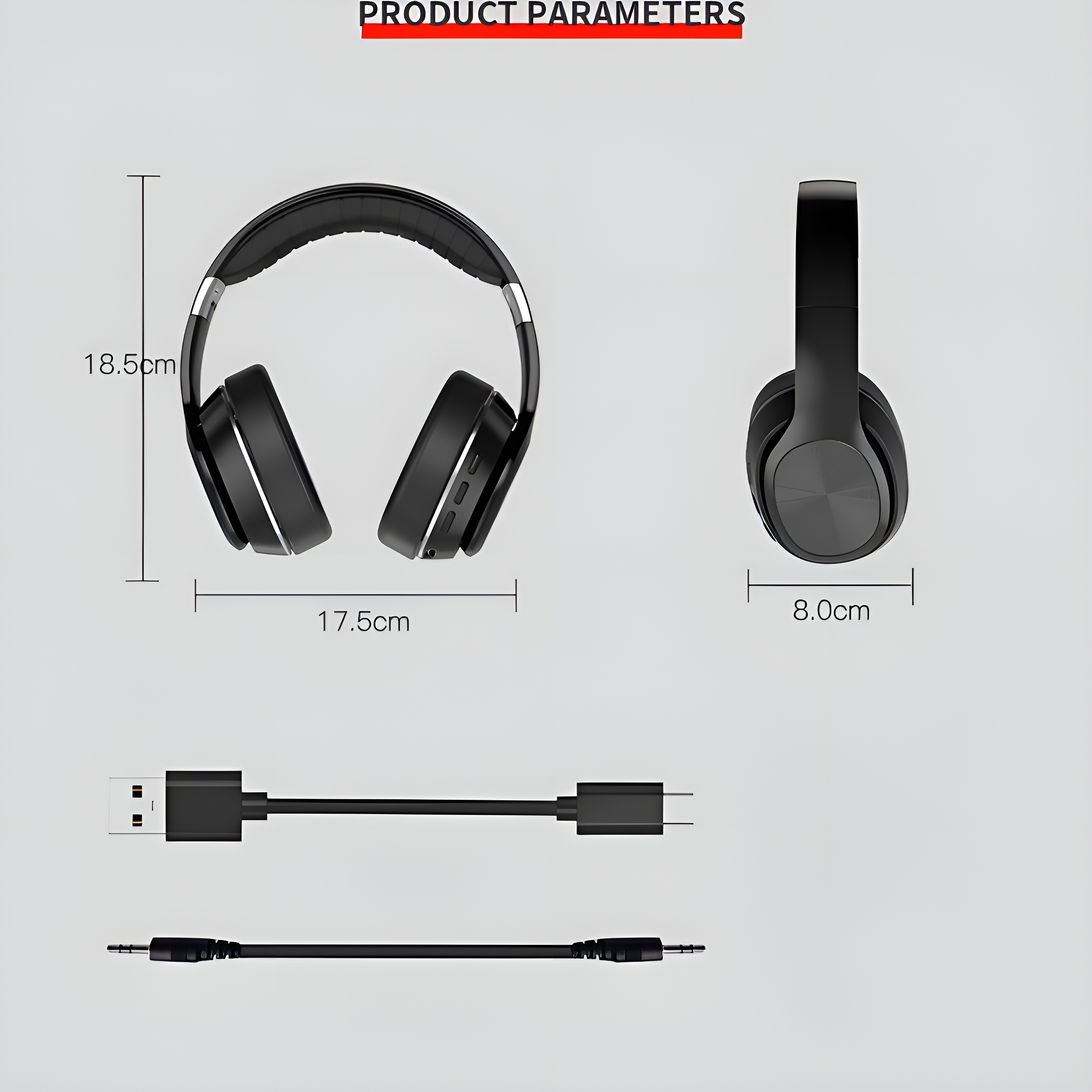 Schwarze Kopfhörer mit Maßen. Ein Kabel ist unten abgebildet. Produktparametertext wird angezeigt.