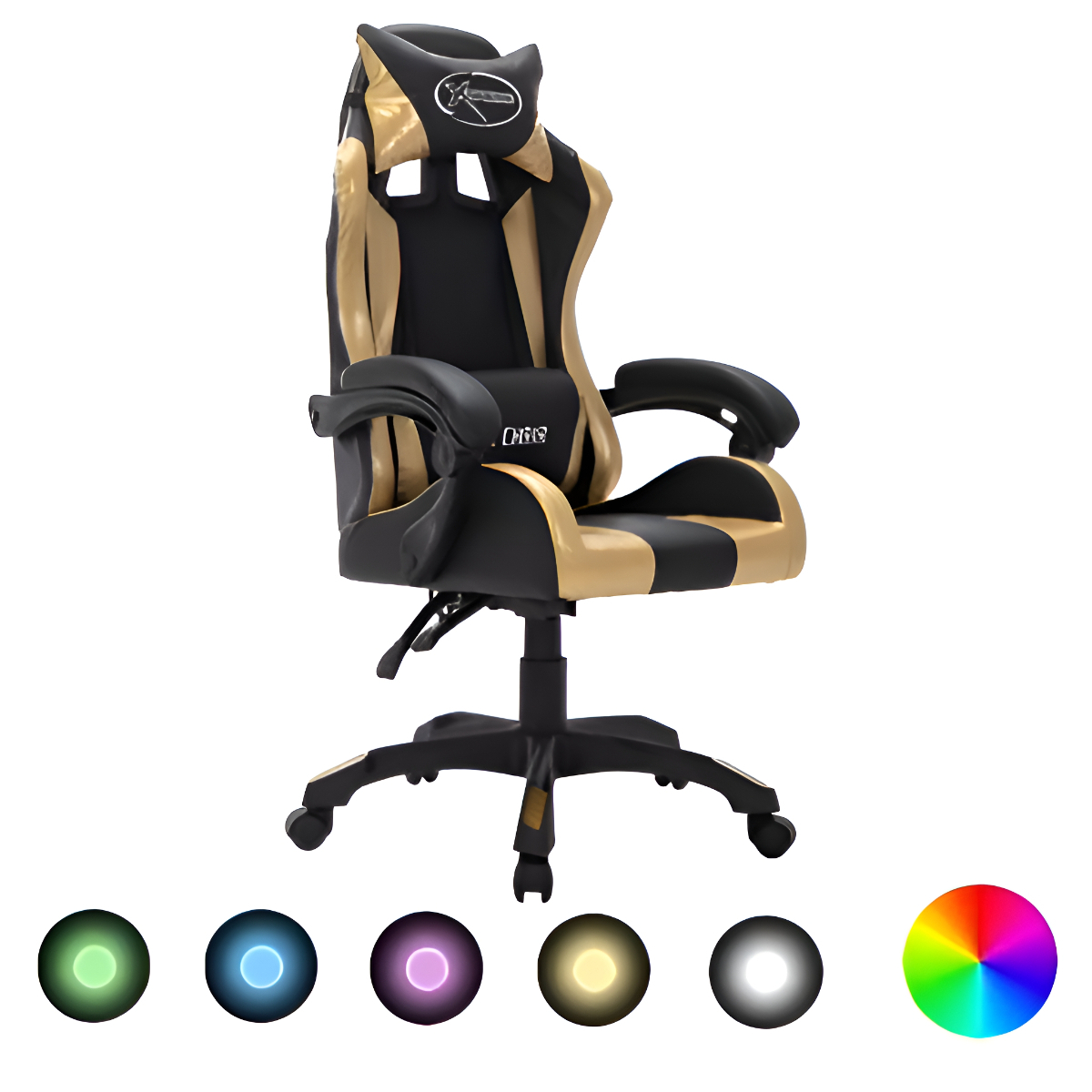 Gaming-Stuhl, schwarz und gold mit verschiedenen farbigen Lichtoptionen. Weißer Hintergrund.