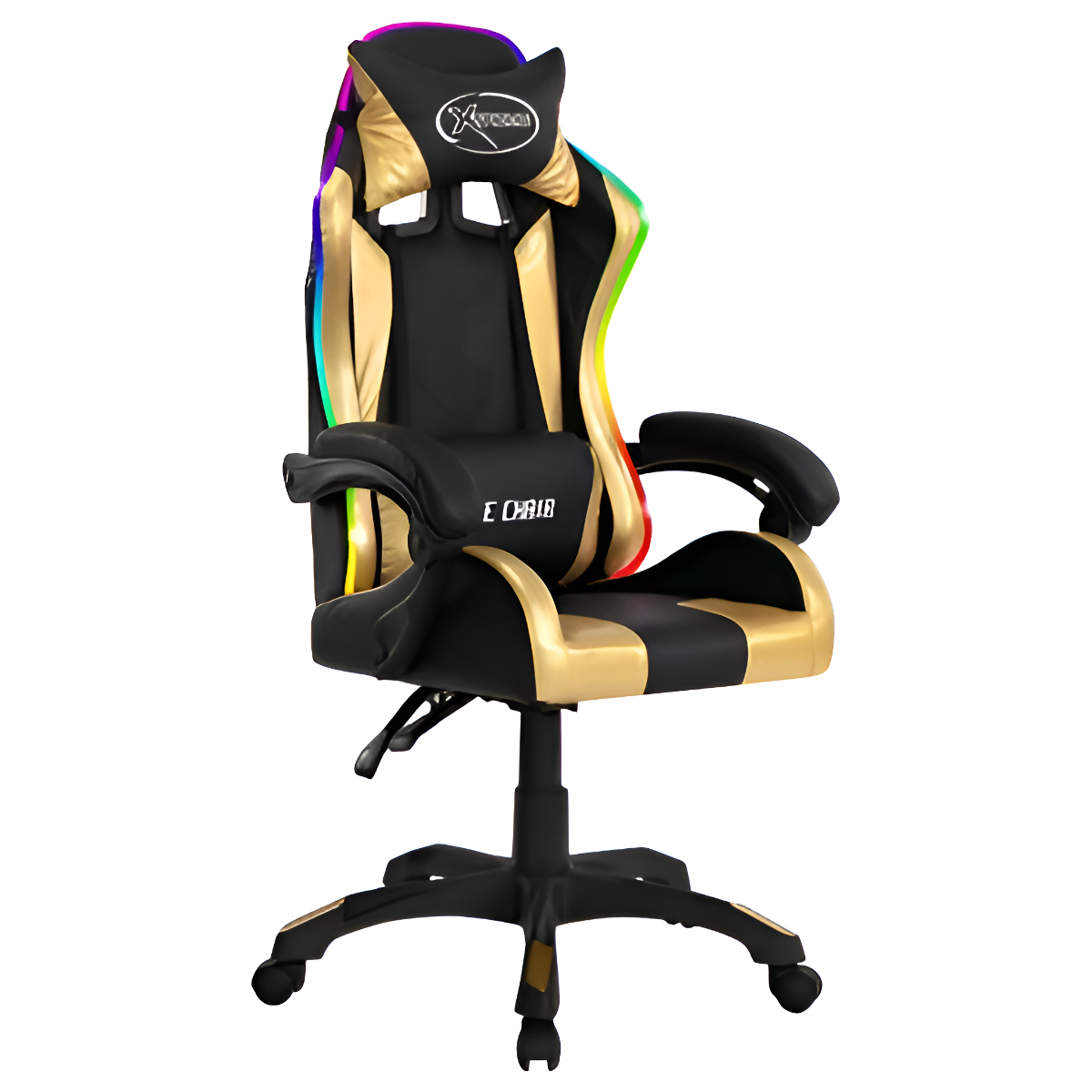 Gaming-Stuhl mit Gold- und Schwarzdesign, LED-Leuchten, auf weißem Hintergrund.