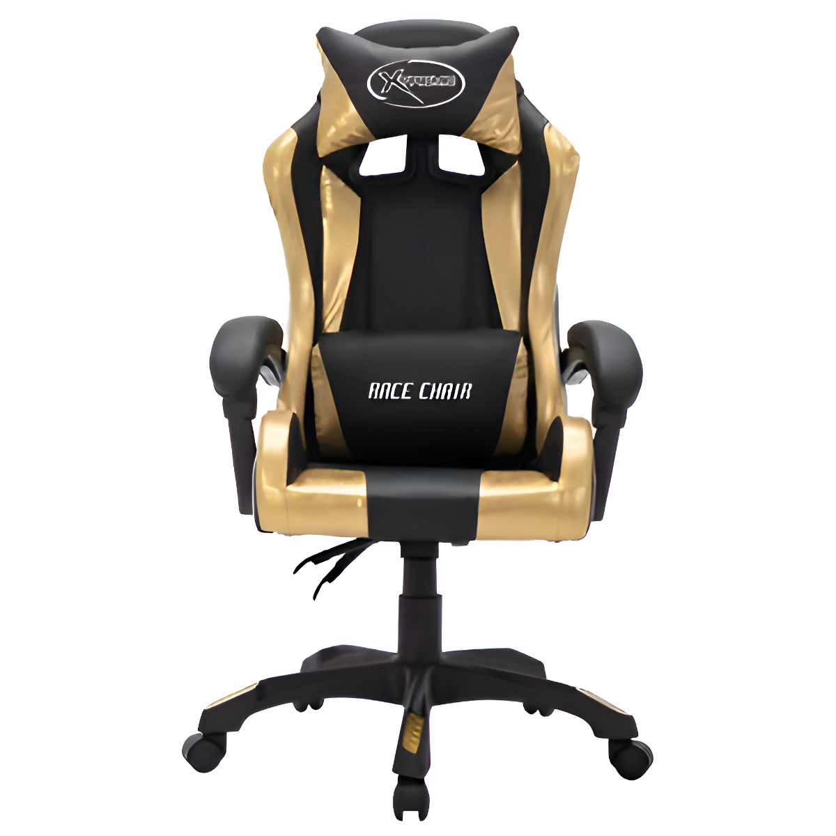 Schwarzer und goldener Rennstuhl. Er hat eine Kopfstütze mit 'Xtra'-Logo und 'RACE CHAIR' auf der Rückenlehne.
