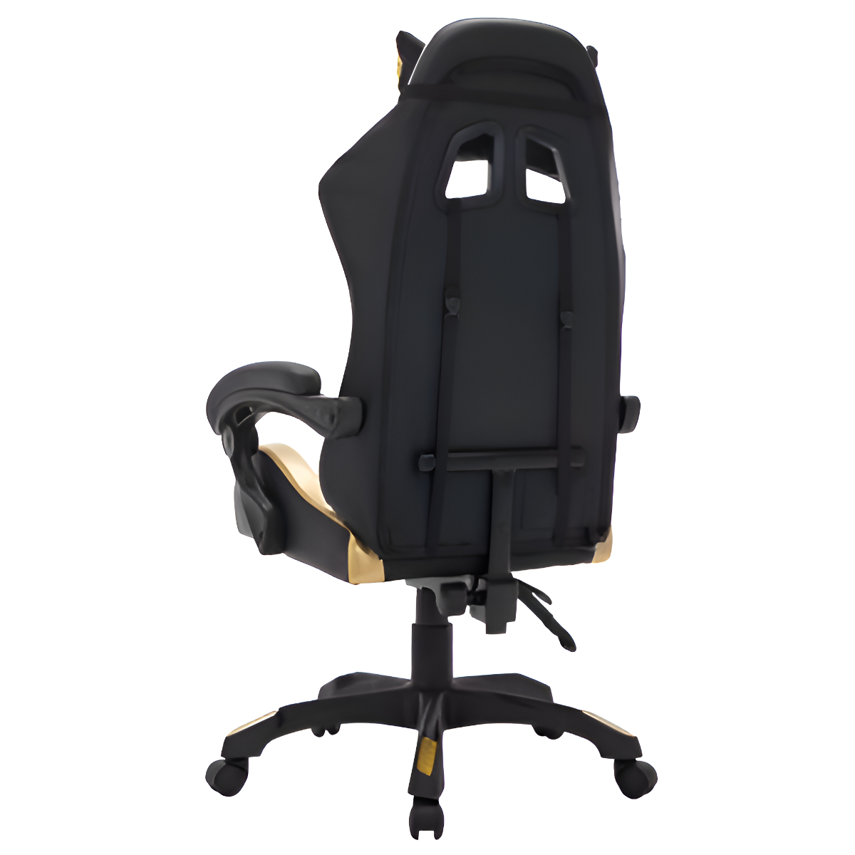 Schwarzer und goldfarbener Gaming-Stuhl von hinten. Hat Löcher im Rücken und eine Sternbasis.