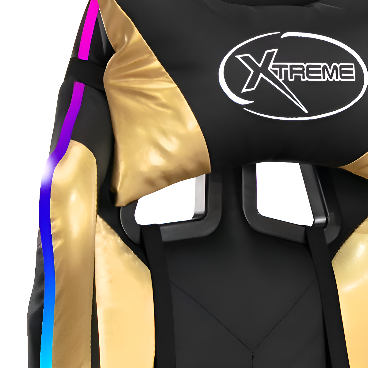 Detail Gaming-Stuhl. Schwarz und Gold, mit weißem Logo und bunten Seitenlichtern.
